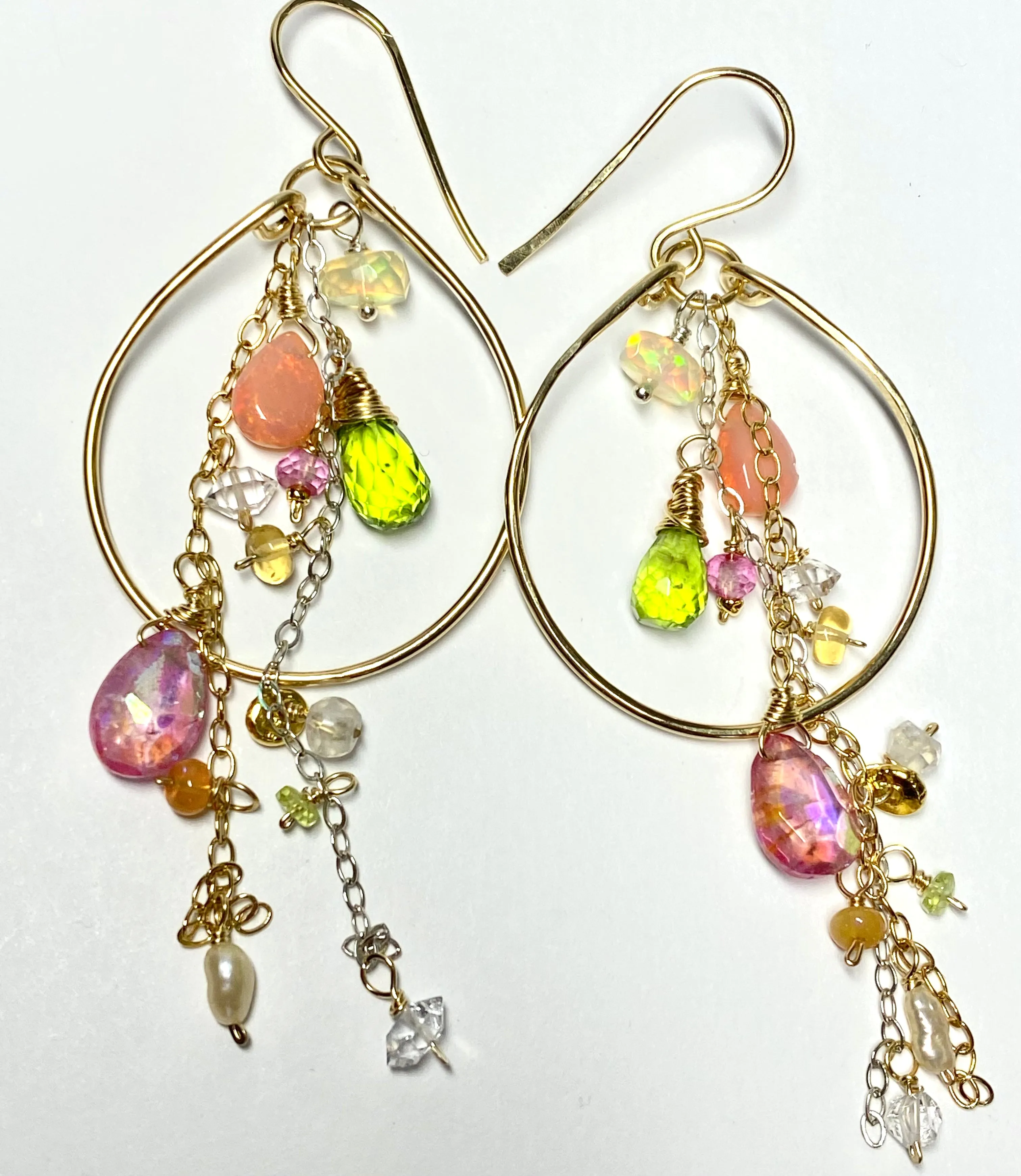 Gold Fill Hoop Earrings with Multi Gemstone Dangles, Opals, Peridot