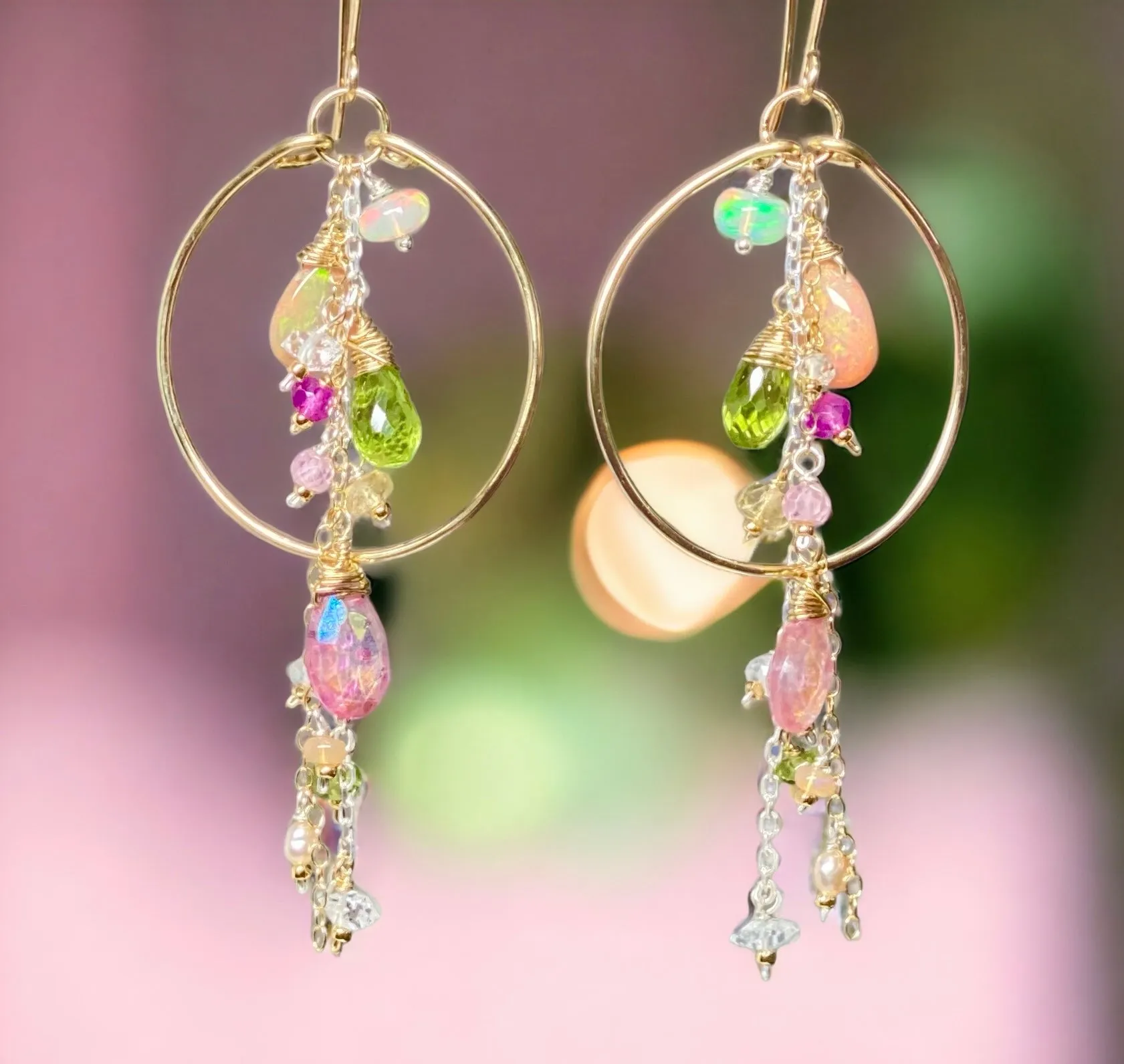 Gold Fill Hoop Earrings with Multi Gemstone Dangles, Opals, Peridot