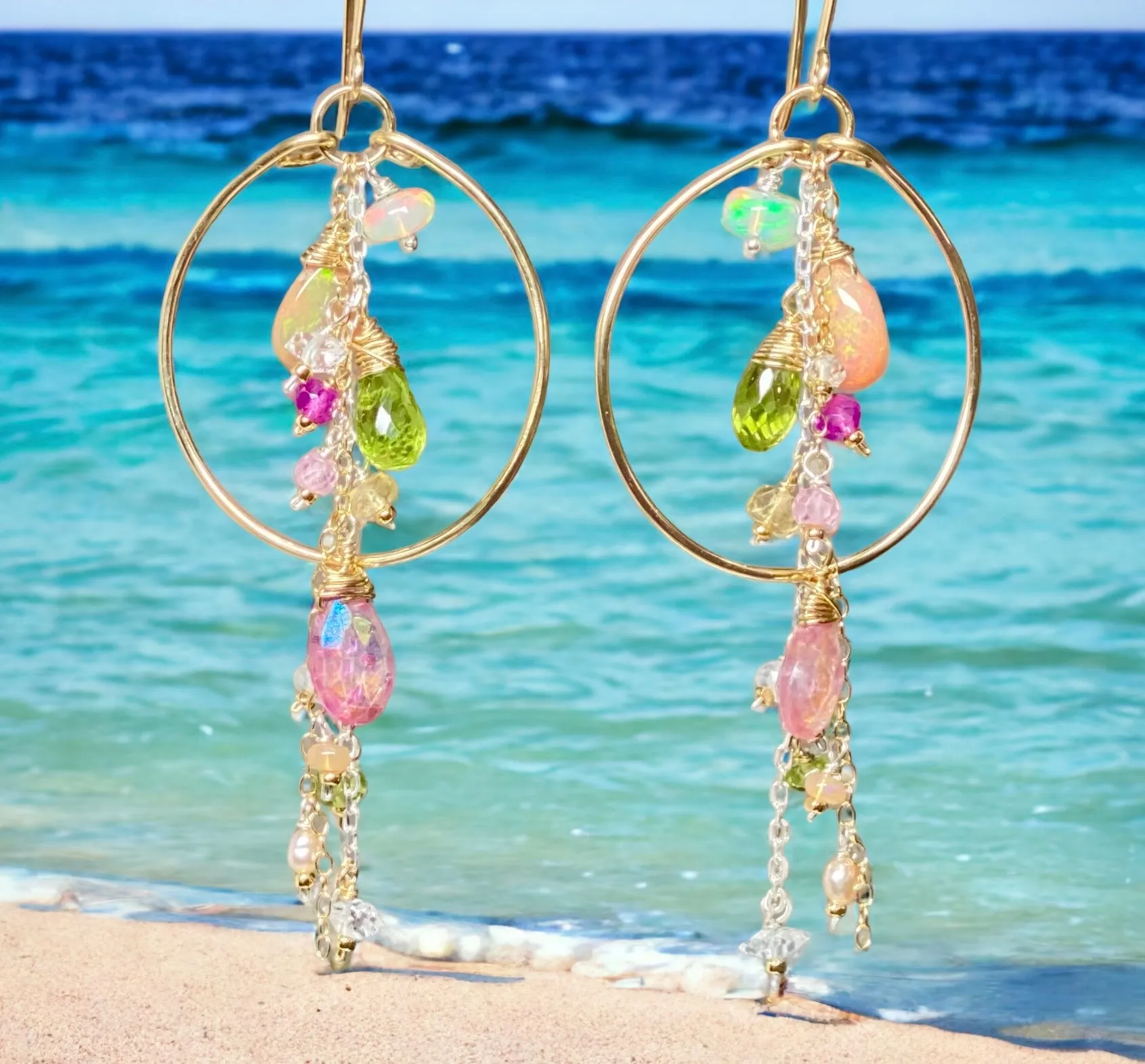 Gold Fill Hoop Earrings with Multi Gemstone Dangles, Opals, Peridot