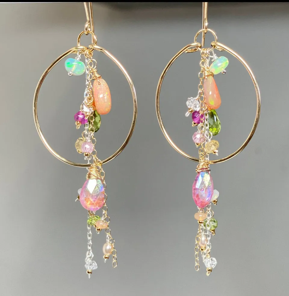 Gold Fill Hoop Earrings with Multi Gemstone Dangles, Opals, Peridot
