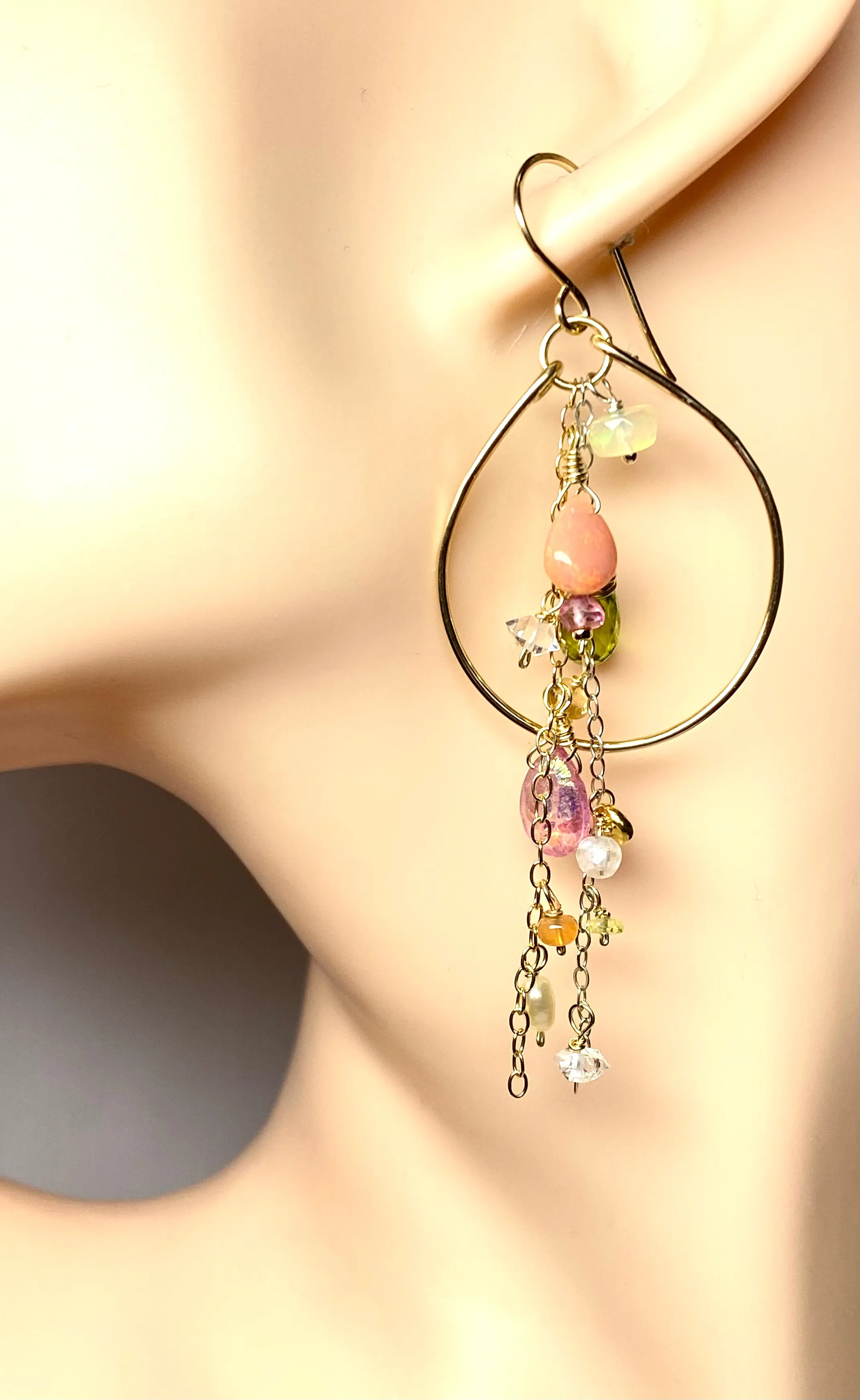 Gold Fill Hoop Earrings with Multi Gemstone Dangles, Opals, Peridot
