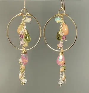 Gold Fill Hoop Earrings with Multi Gemstone Dangles, Opals, Peridot
