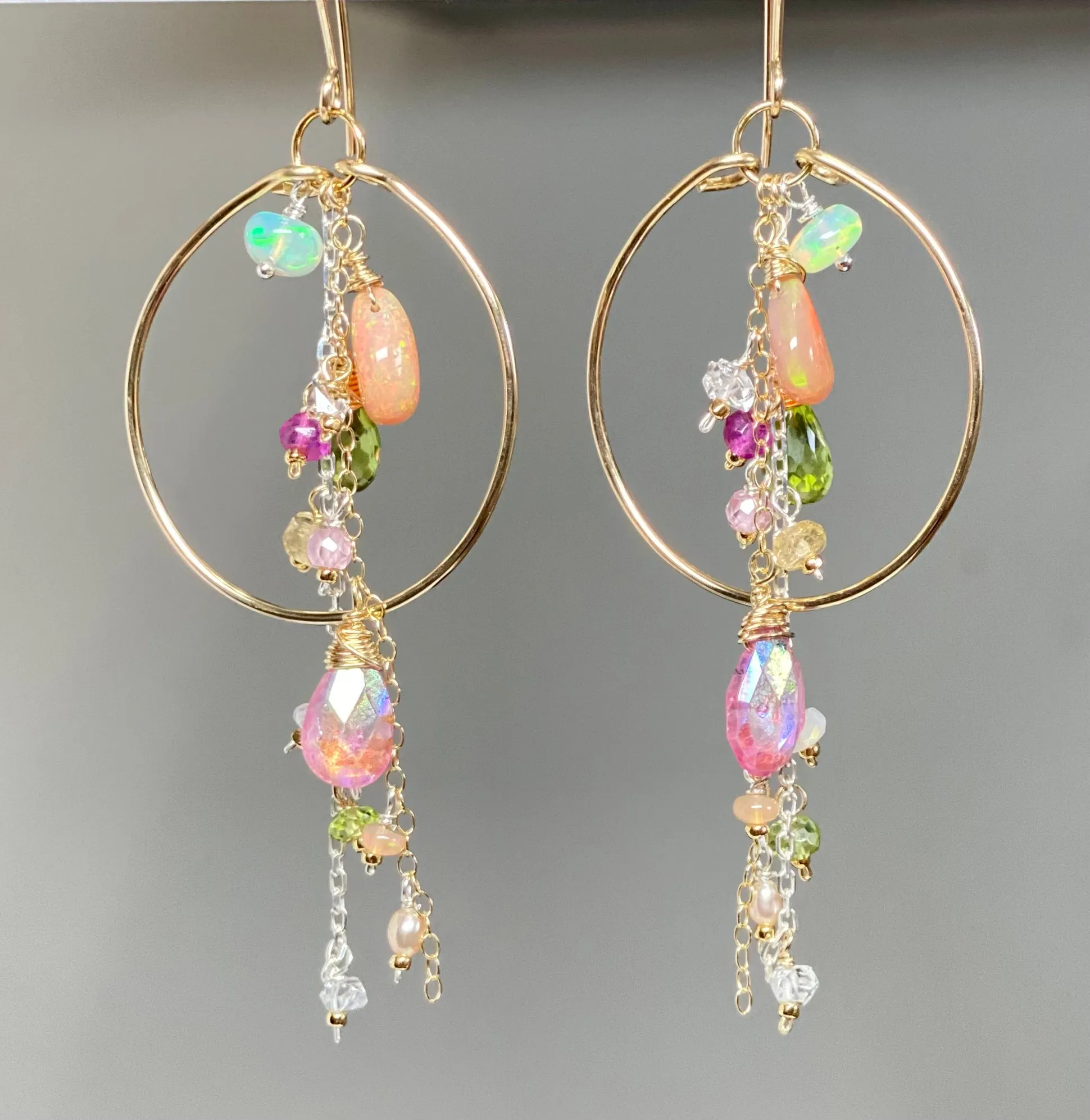Gold Fill Hoop Earrings with Multi Gemstone Dangles, Opals, Peridot