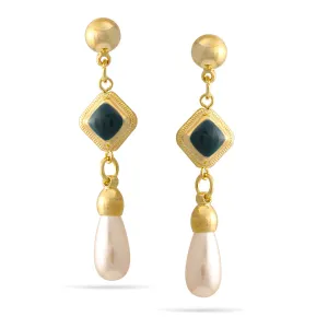 GOLD GREEN EPOXY AND PEARL DANGLE EARRINGS #FW-E159GGP (SHCE3)