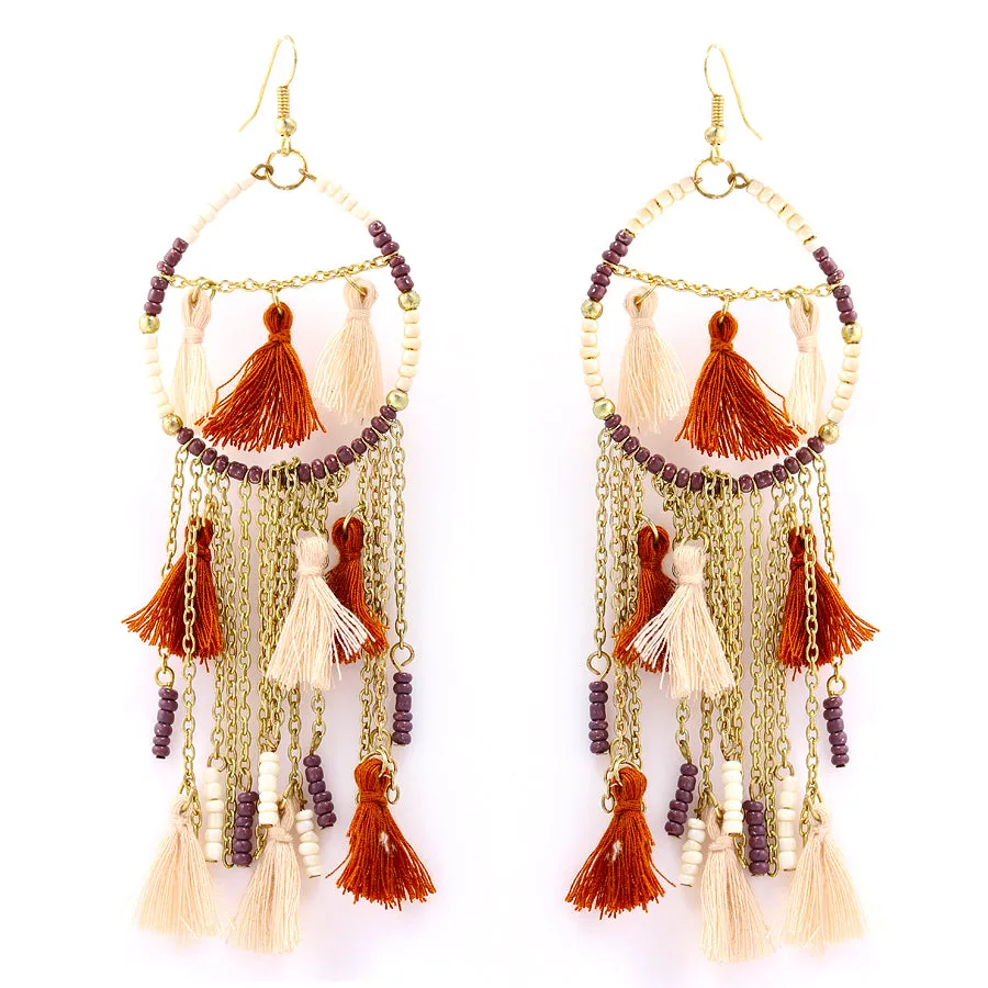 GOLD MULTI BROWN AND IVORY BEADS TASSEL EARRING  #KBI-ER-K1694-BRNNAT (RD9)