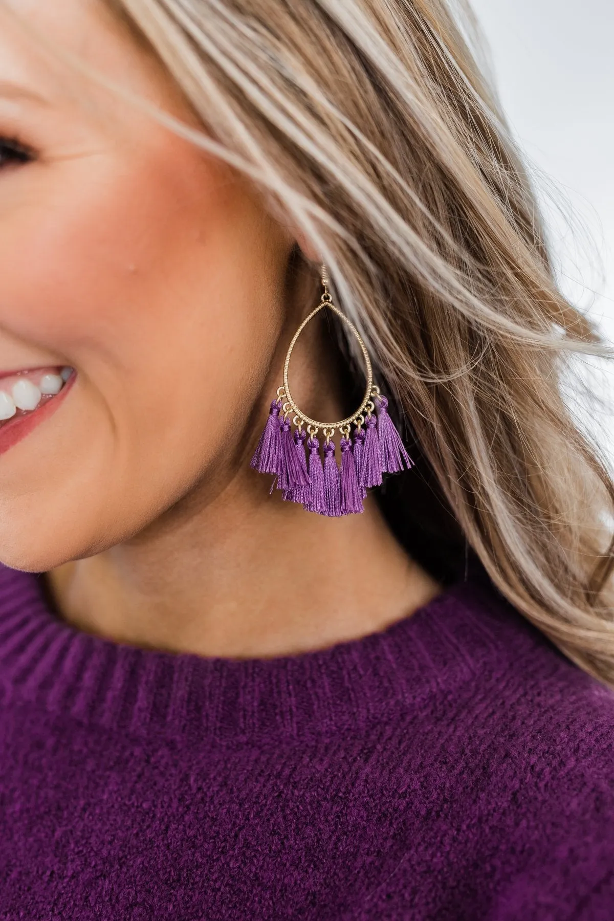 Gold Tear Drop & Tassel Earrings- Purple
