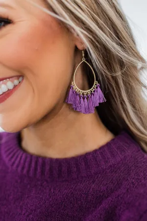 Gold Tear Drop & Tassel Earrings- Purple
