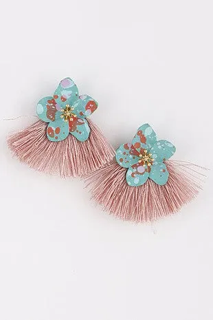 GOLD TURQUOISE FLOWER & PINK TASSEL EARRINGS