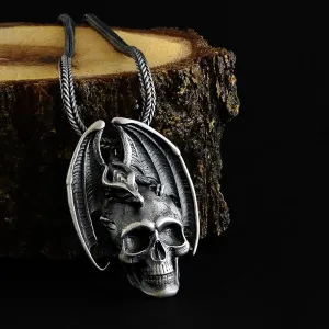 Gothic Dragon Embracing Skull 925 Silver Men's Pendant Necklace