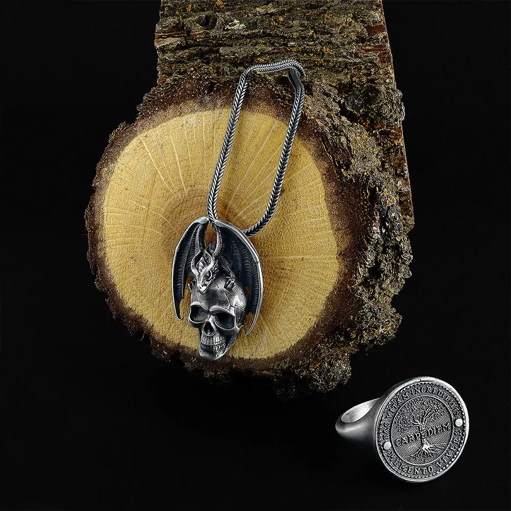 Gothic Dragon Embracing Skull 925 Silver Men's Pendant Necklace