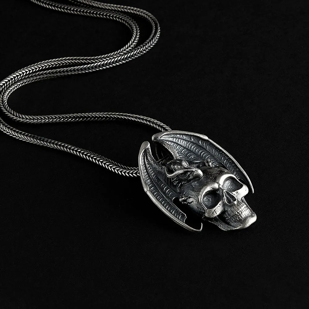 Gothic Dragon Embracing Skull 925 Silver Men's Pendant Necklace