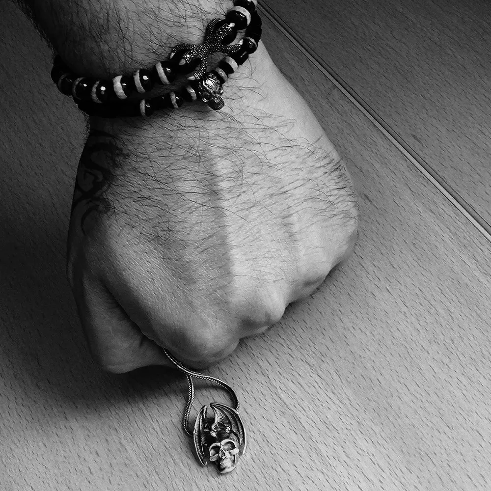 Gothic Dragon Embracing Skull 925 Silver Men's Pendant Necklace
