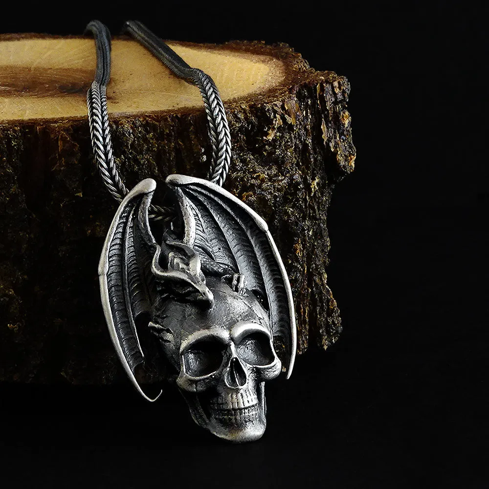 Gothic Dragon Embracing Skull 925 Silver Men's Pendant Necklace