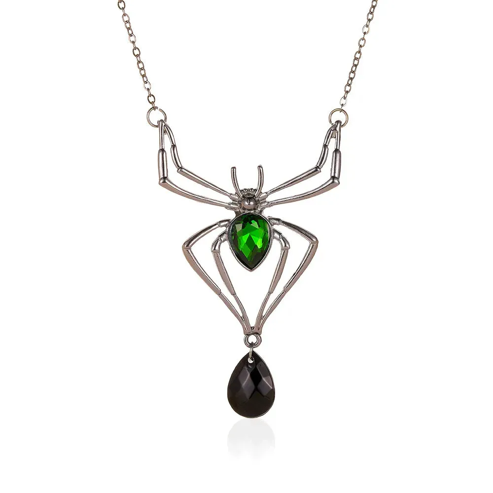 Gothic Vintage Green Crystal Spider Pendant Necklace
