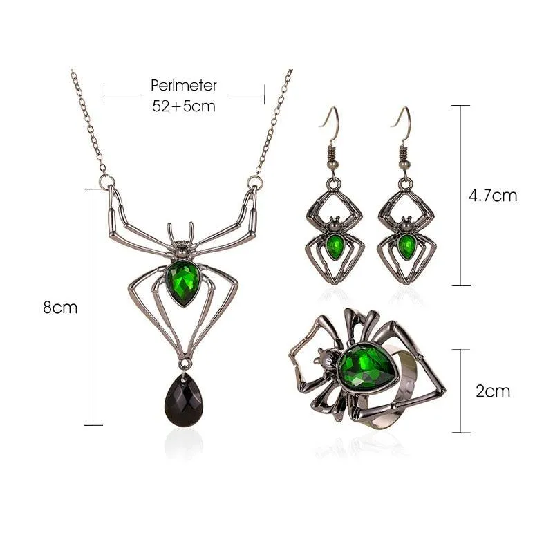 Gothic Vintage Green Crystal Spider Pendant Necklace
