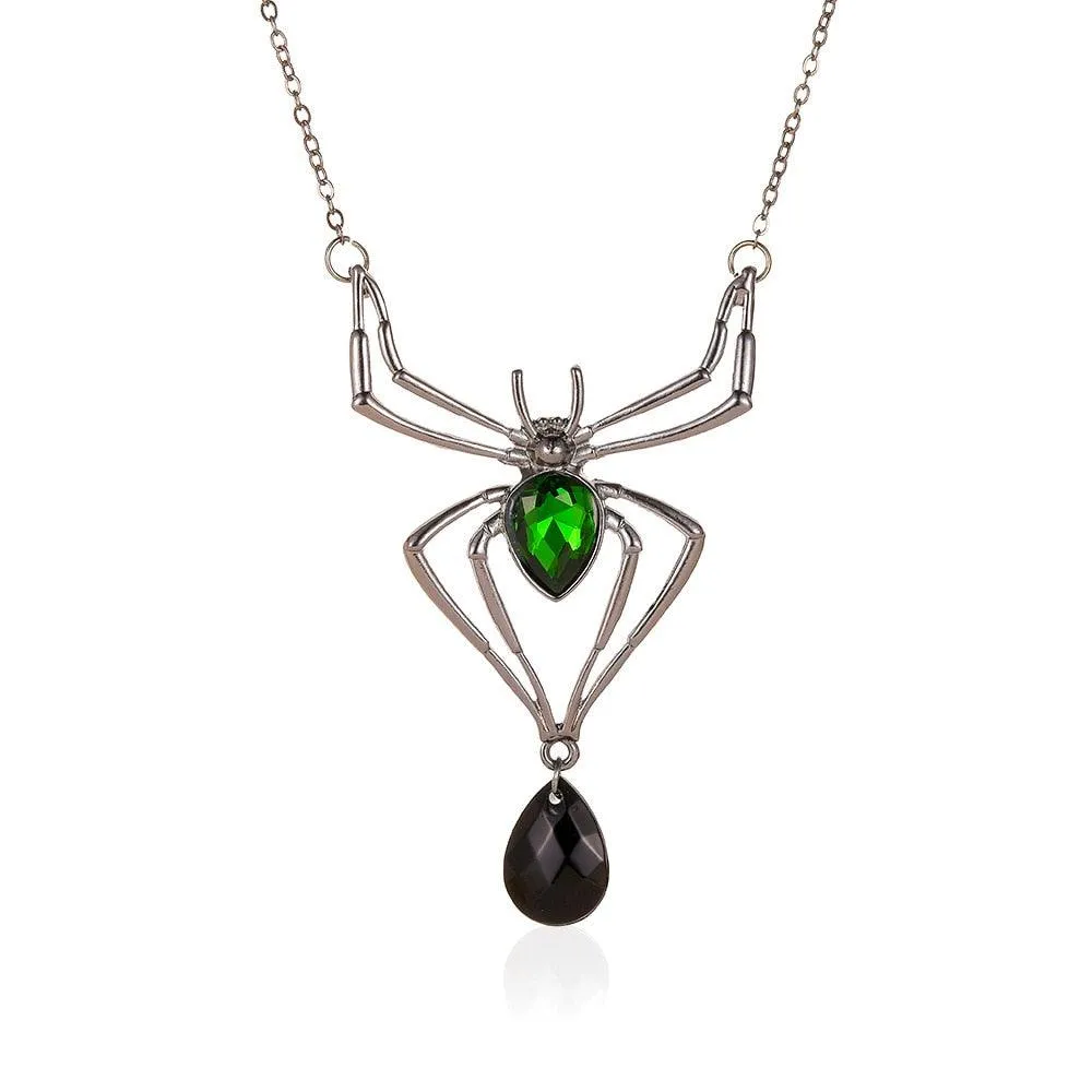 Gothic Vintage Green Crystal Spider Pendant Necklace