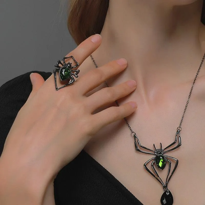 Gothic Vintage Green Crystal Spider Pendant Necklace