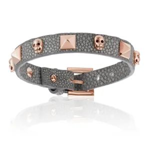 Gray stingray bracelet with Rose Gold Skull studs (Unisex)