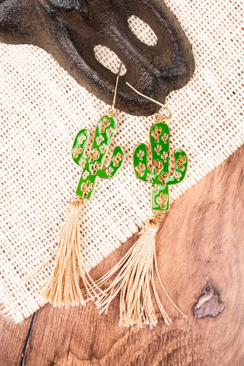 Green Cactus Corral Tassel Earrings