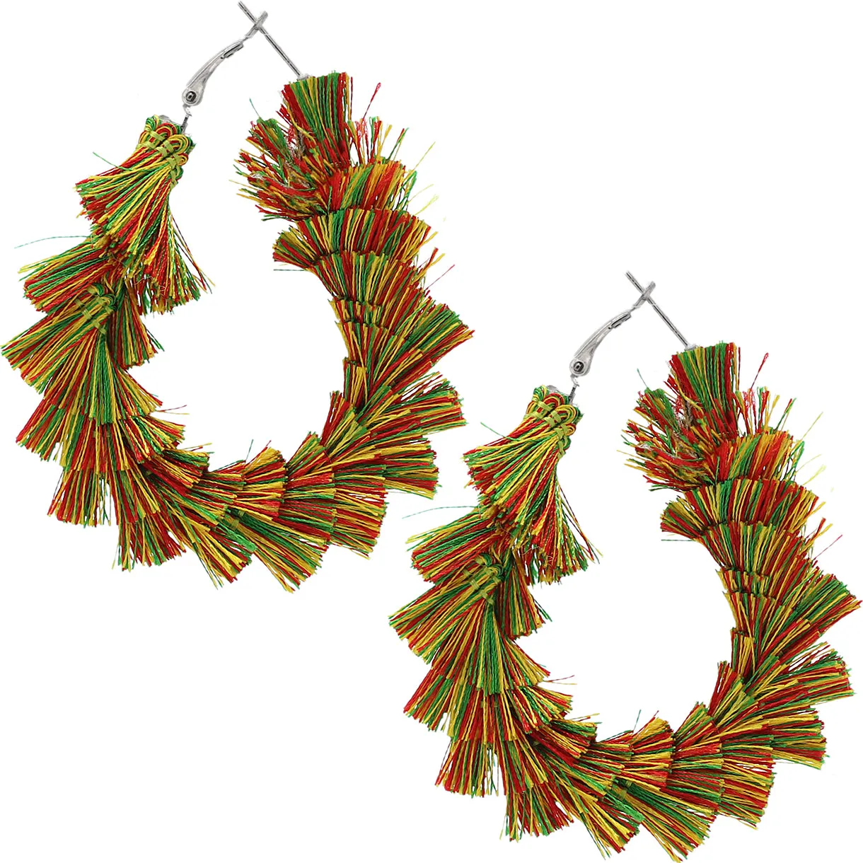 Green Red Wrapped Tassel Teardrop Hoop Earrings