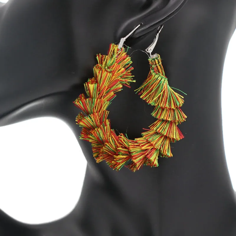 Green Red Wrapped Tassel Teardrop Hoop Earrings