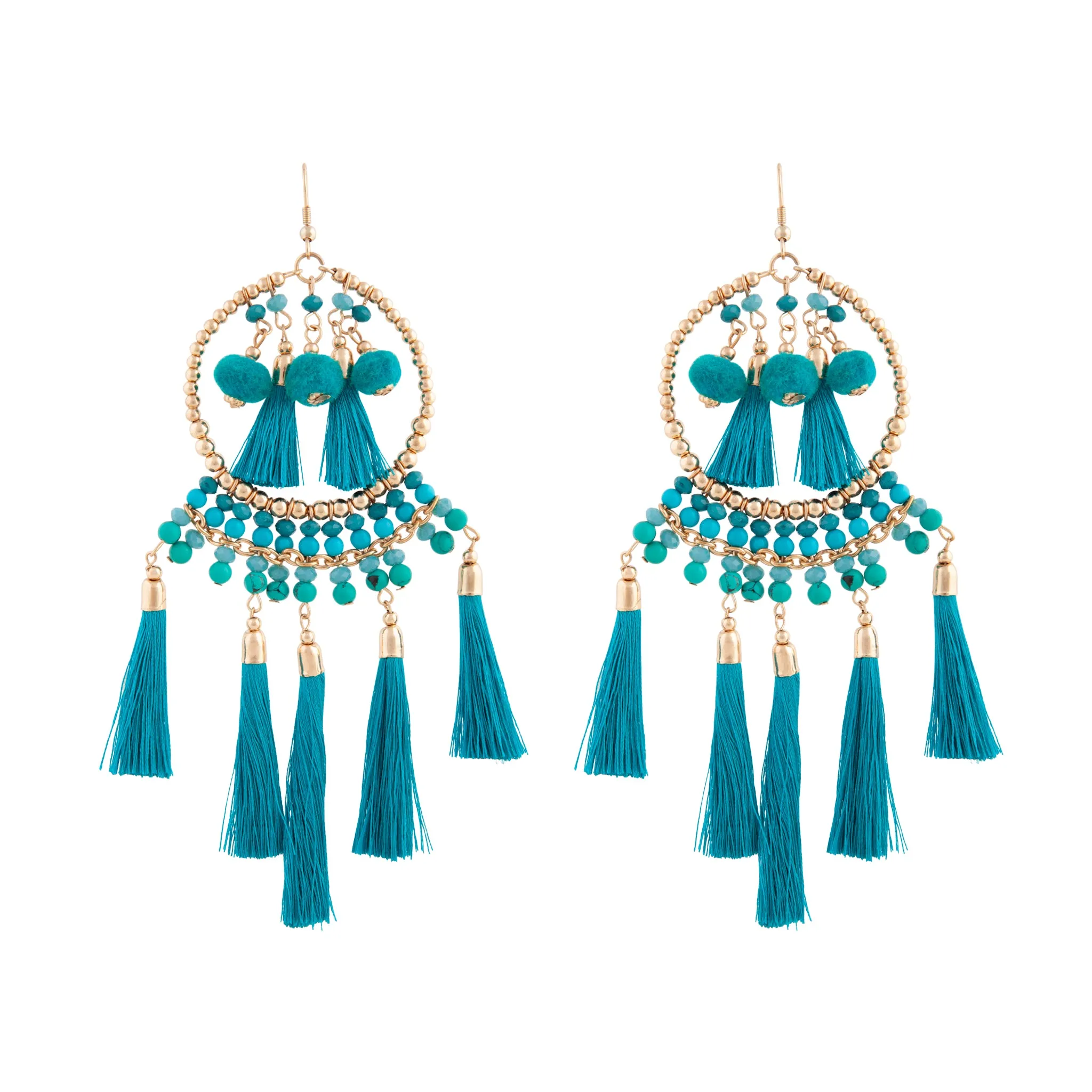 Green Statement Tassel Pom-Pom Earrings