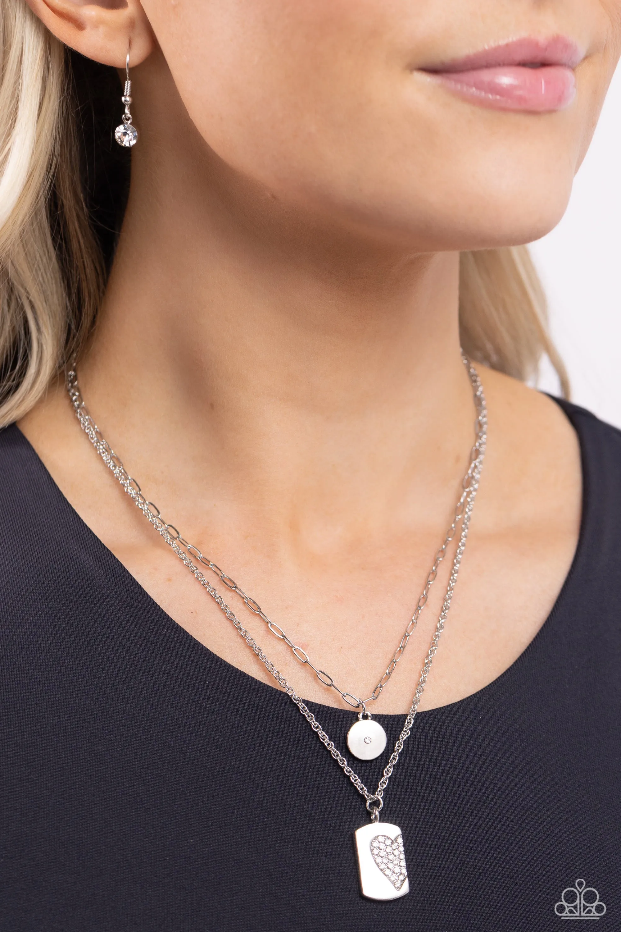Half of My Heart - White - Rhinestone Embossed Tiered Paparazzi Short Necklace