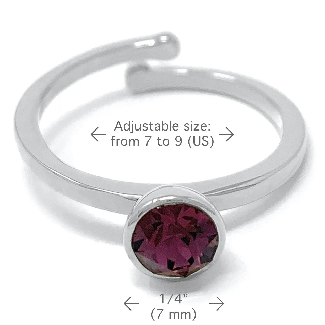 Harley Adjustable Ring with Purple Amethyst Round Crystals from Swarovski Silver Toned Rhodium Plated