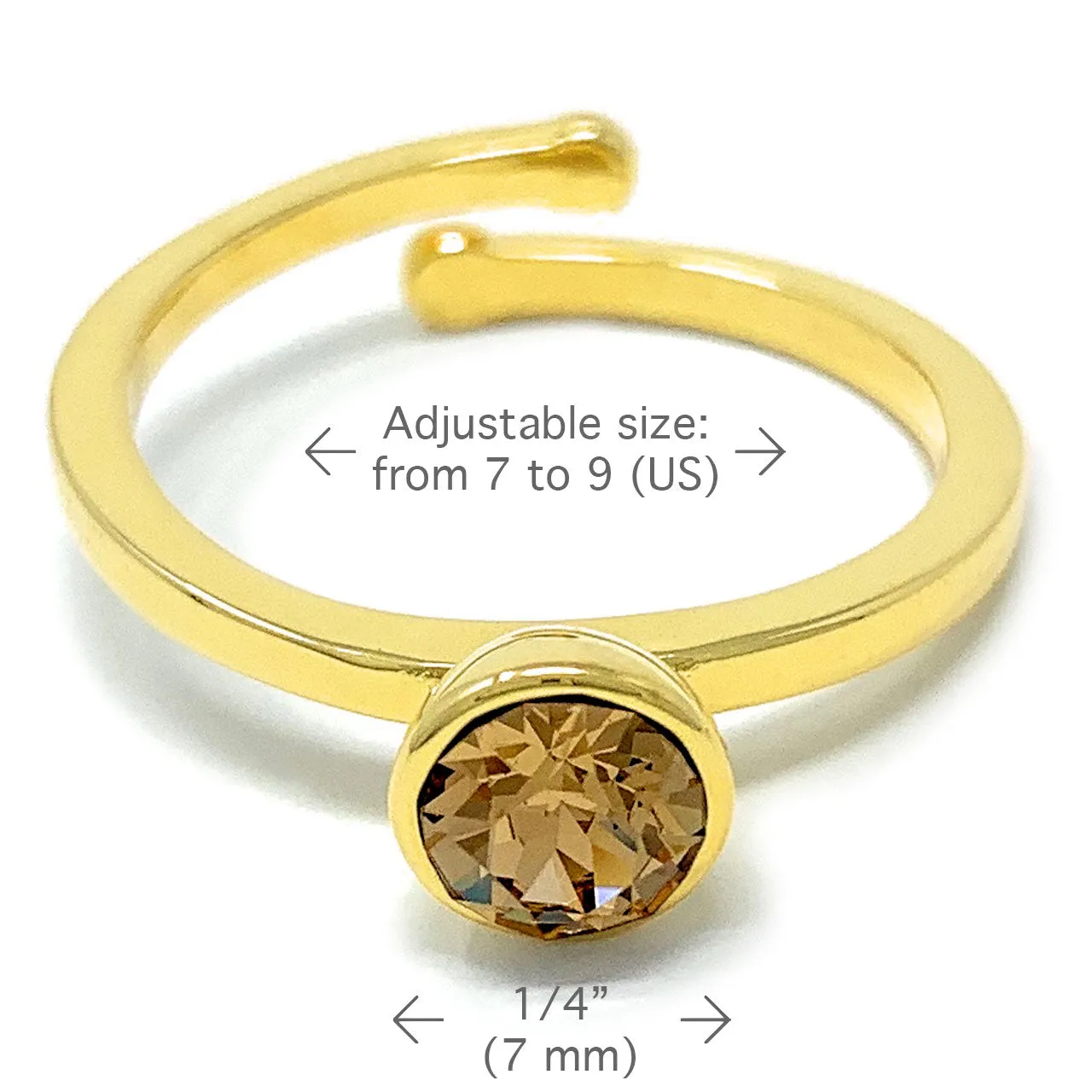 Harley Adjustable Ring with Yellow Brown Light Topaz Round Crystals from Swarovski Gold Plated