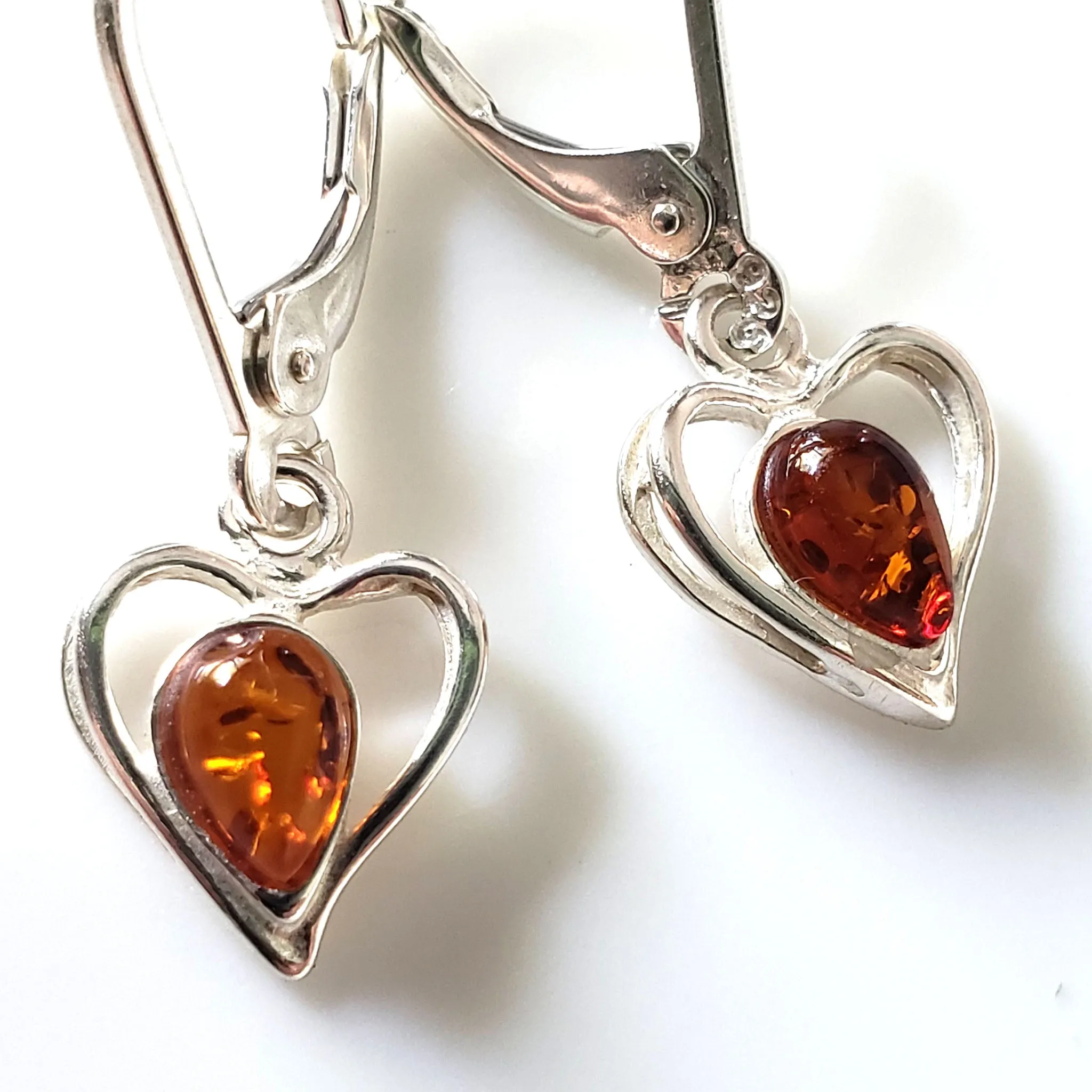 Heart Sterling Silver Dandle Earrings with Amber