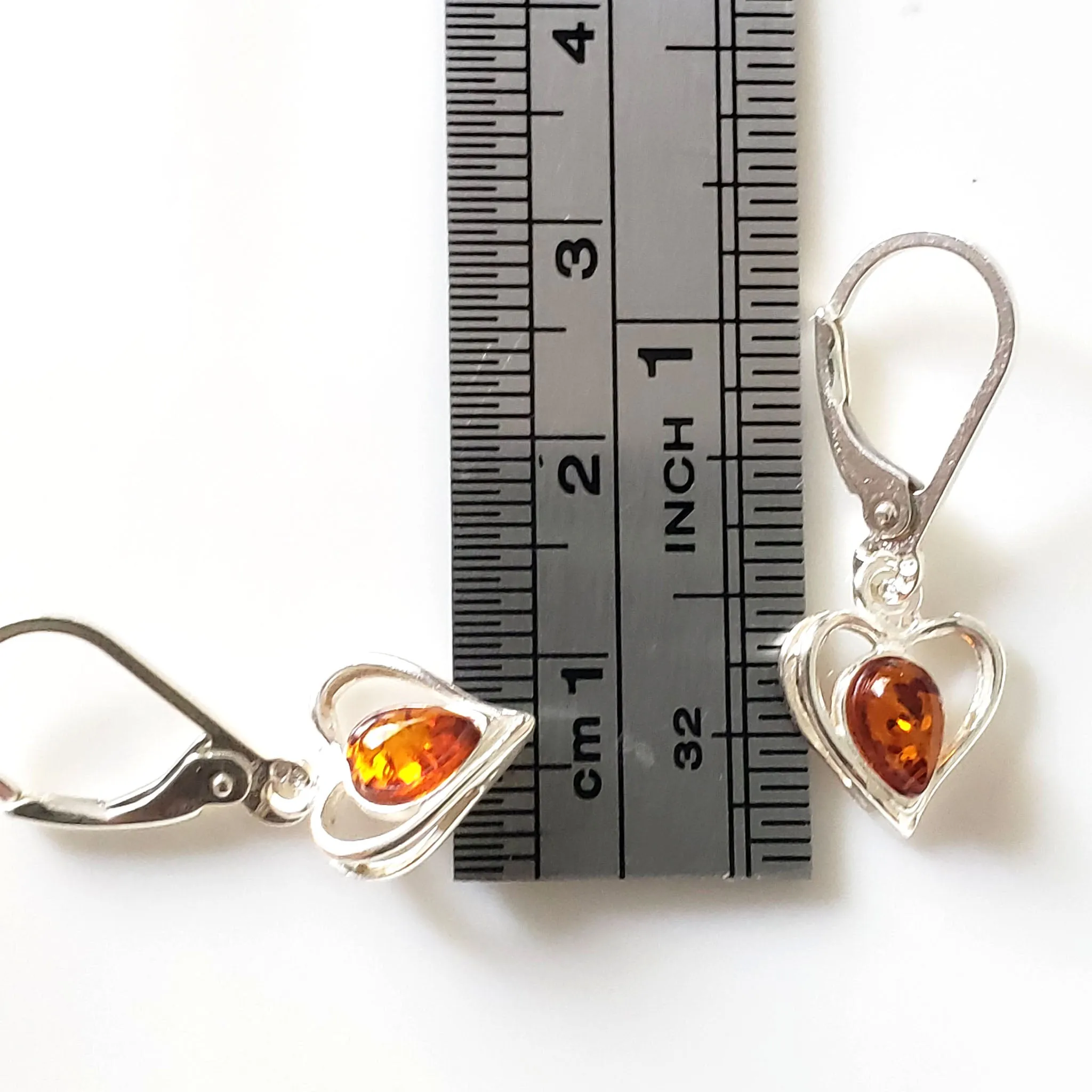 Heart Sterling Silver Dandle Earrings with Amber