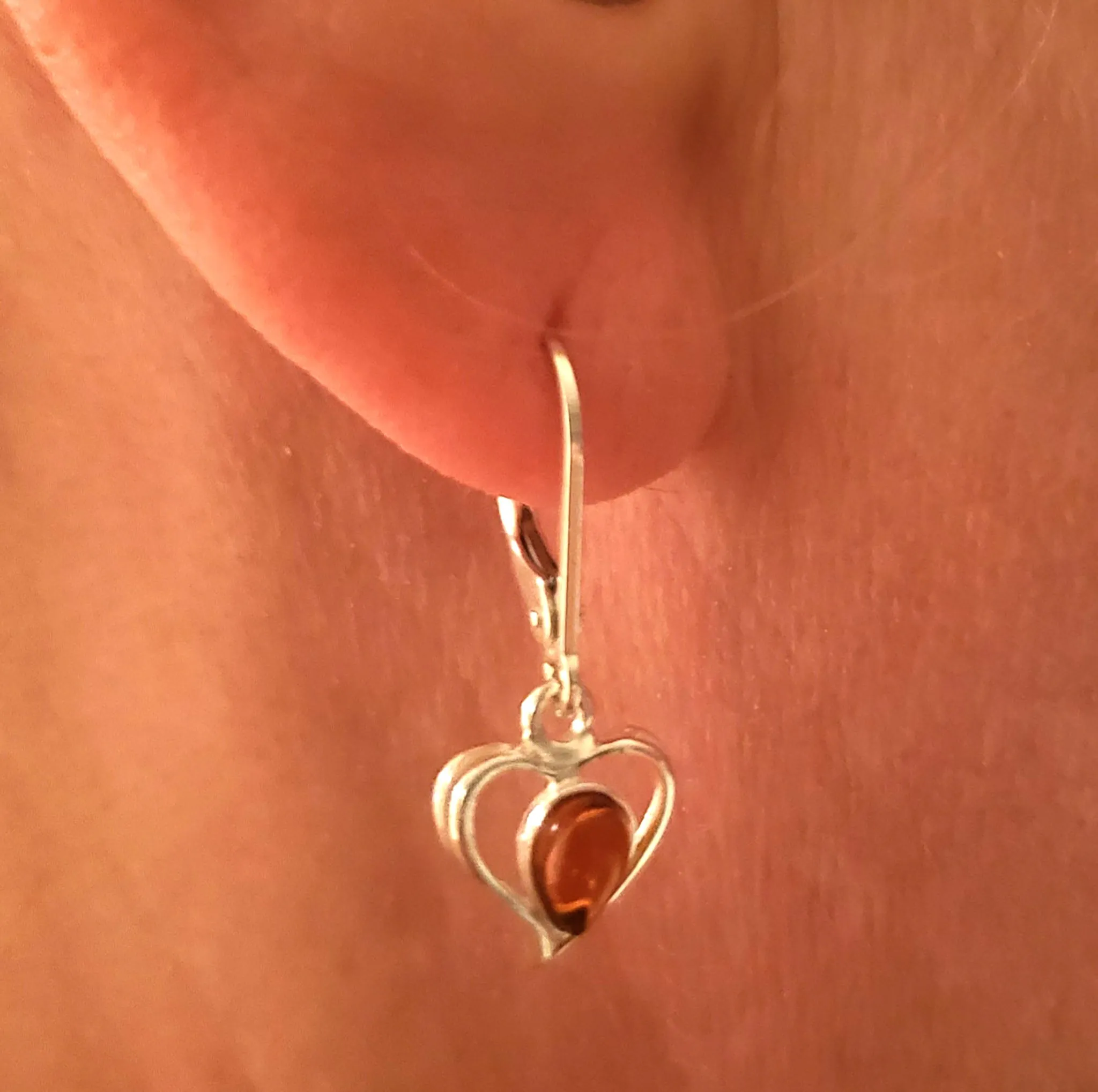 Heart Sterling Silver Dandle Earrings with Amber