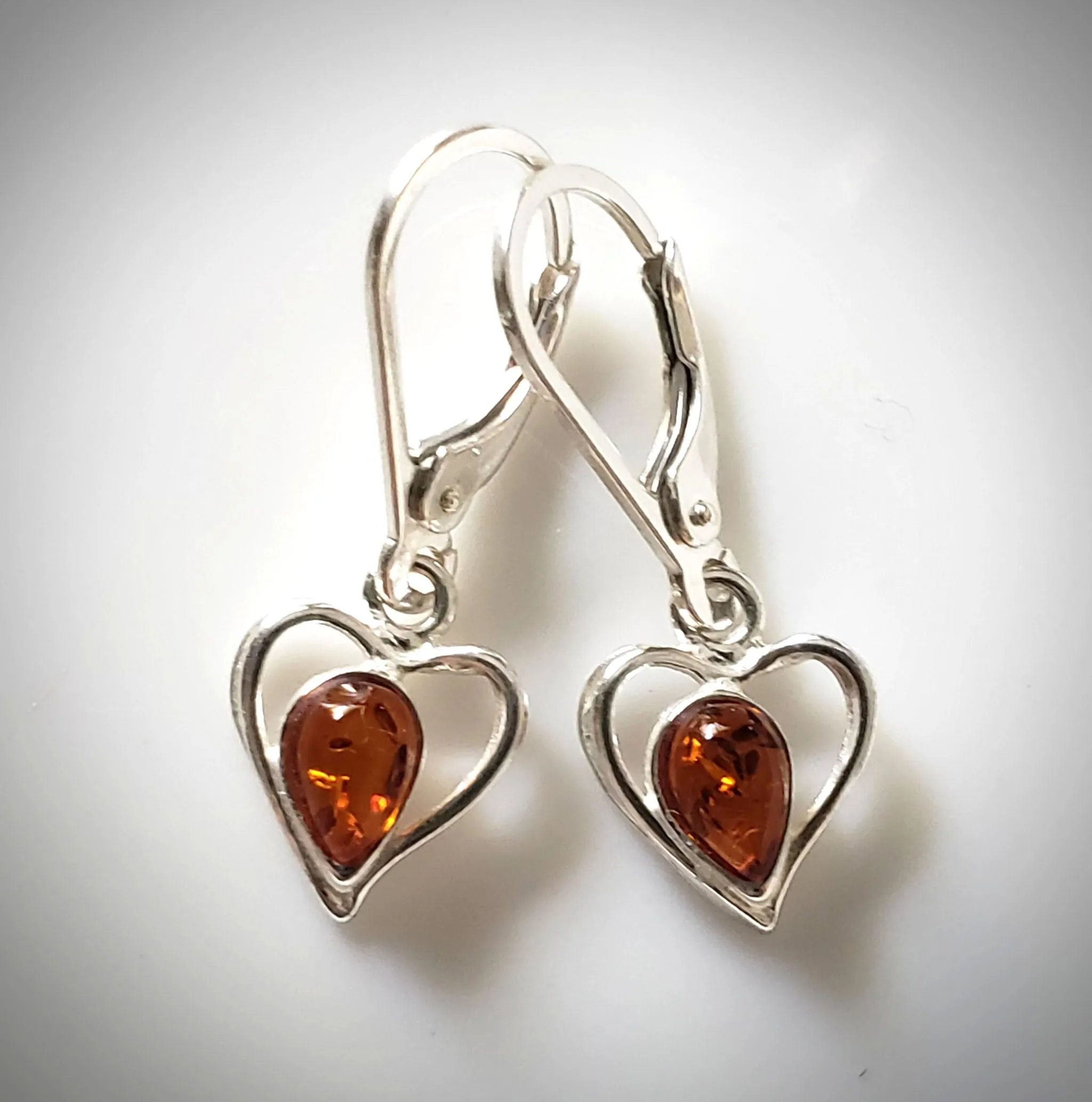 Heart Sterling Silver Dandle Earrings with Amber
