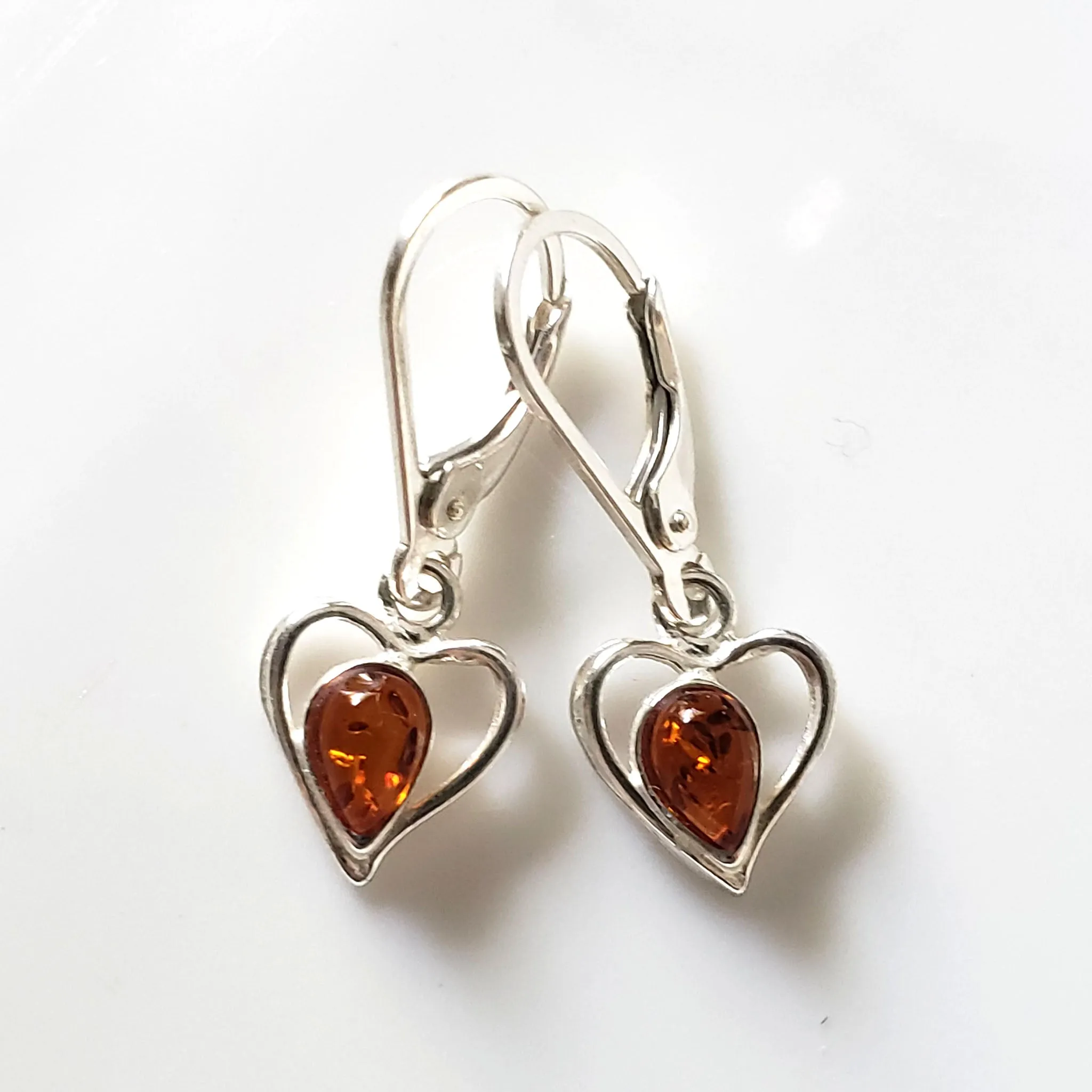 Heart Sterling Silver Dandle Earrings with Amber