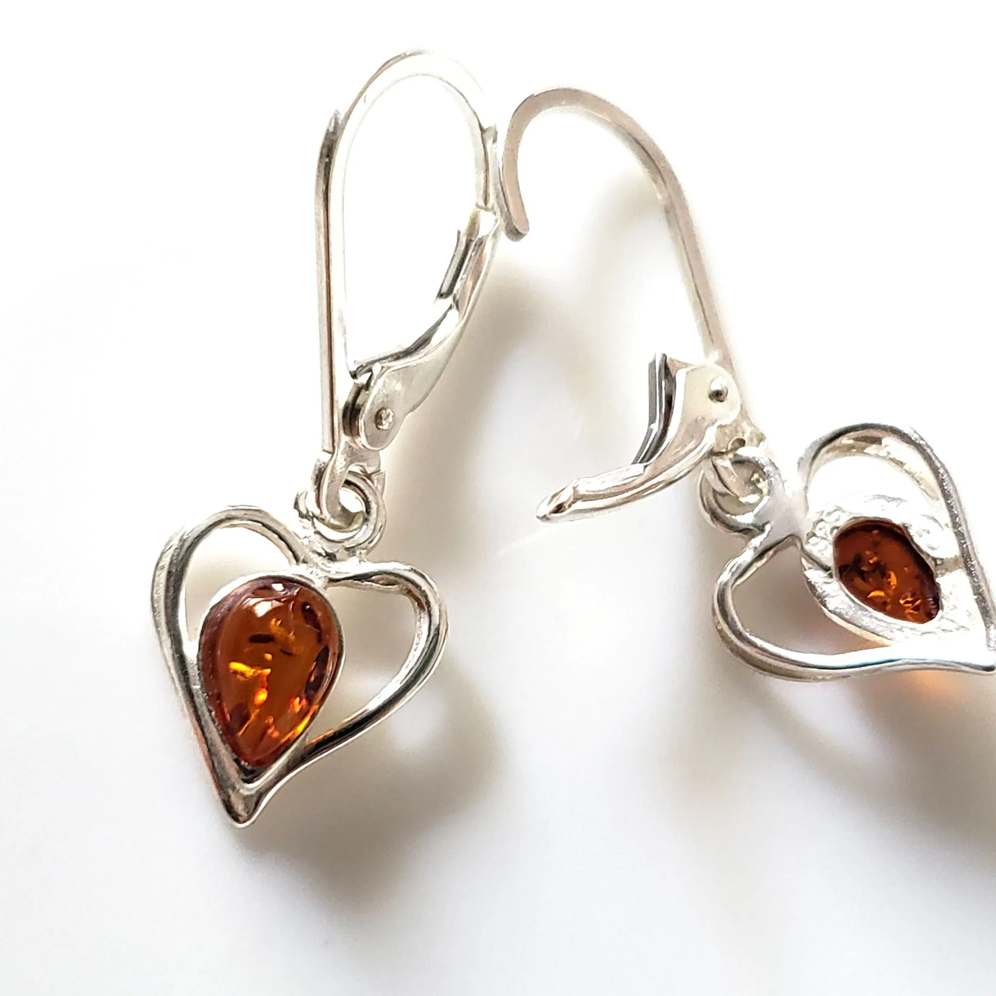 Heart Sterling Silver Dandle Earrings with Amber
