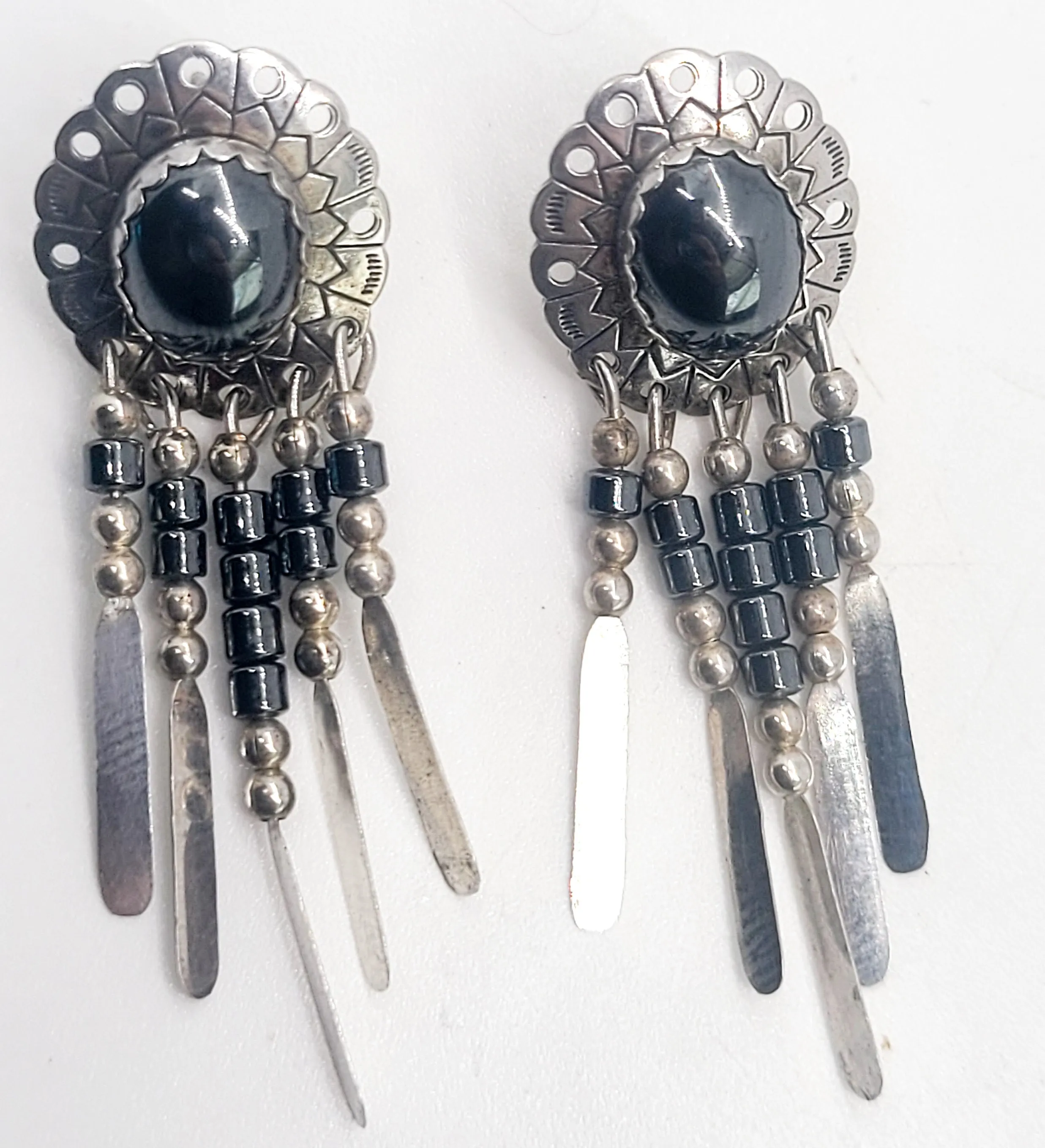 Hematite Concho Stamped tassel vintage Southwestern sterling silver earrings