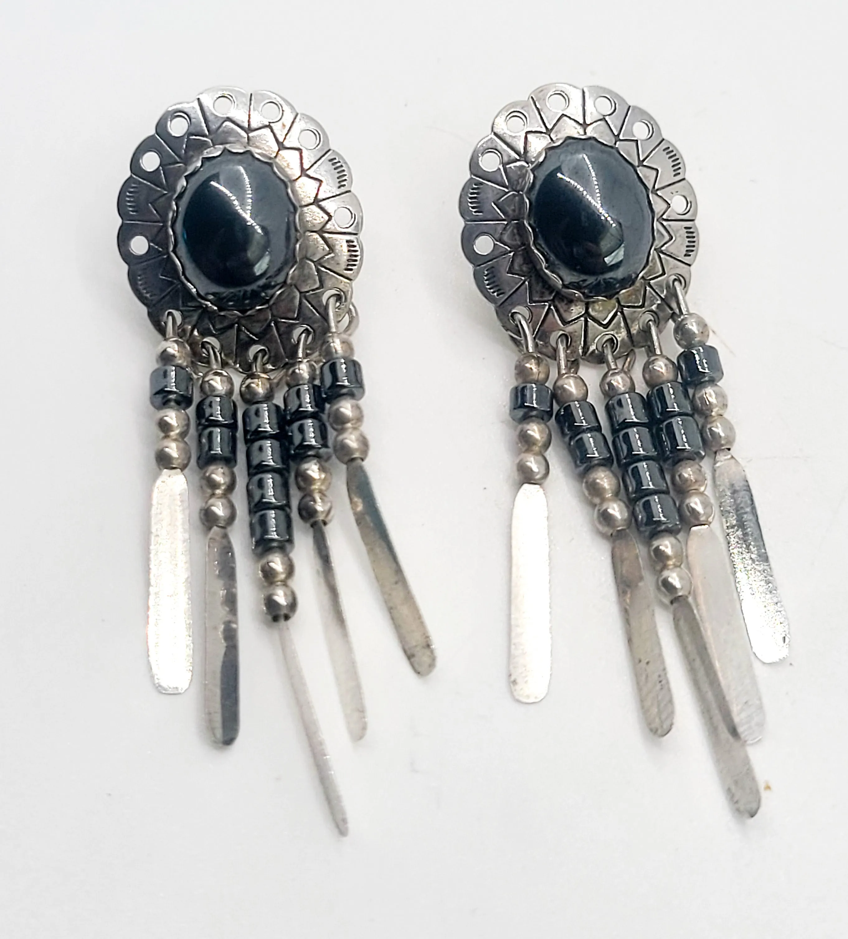 Hematite Concho Stamped tassel vintage Southwestern sterling silver earrings