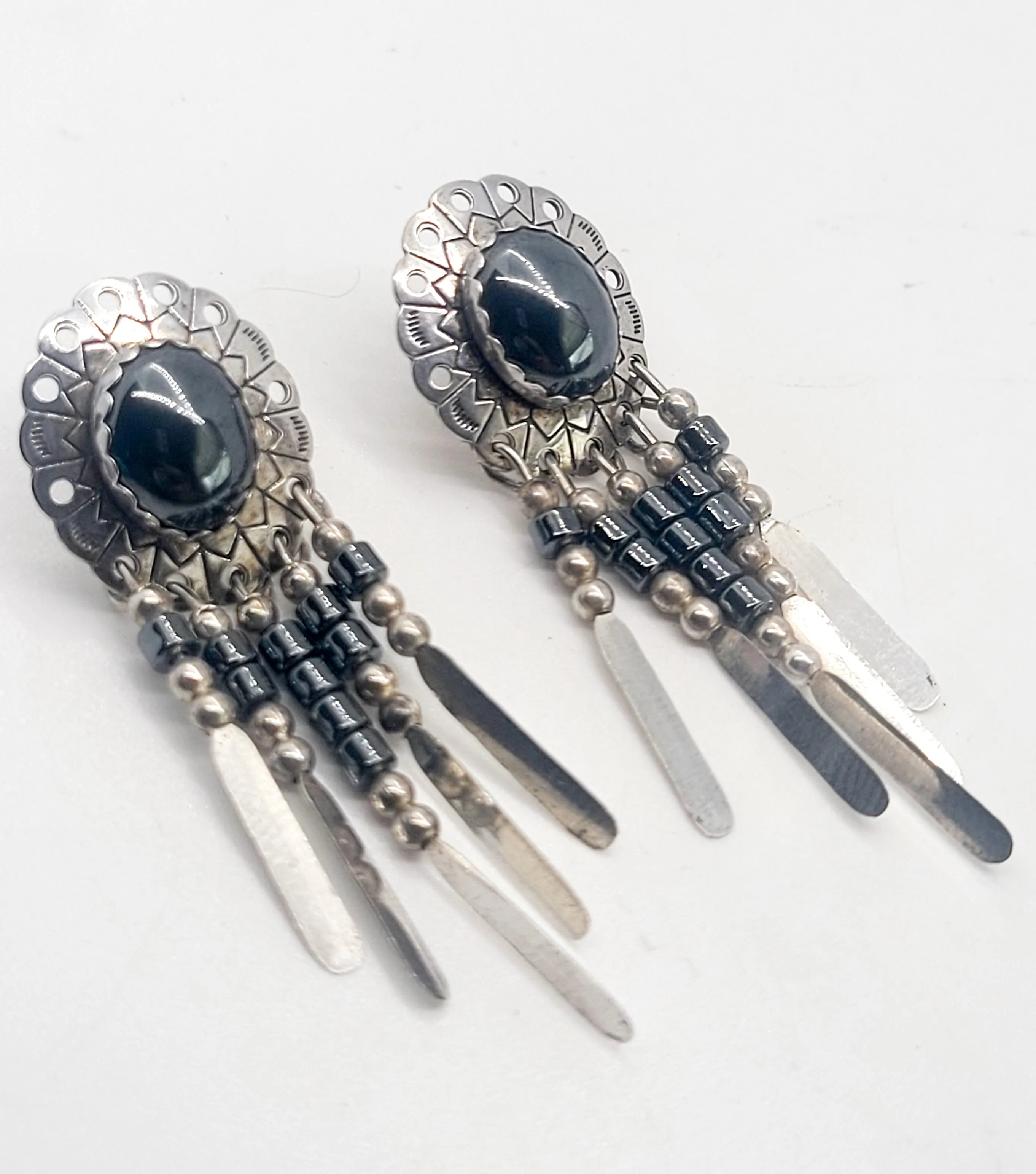 Hematite Concho Stamped tassel vintage Southwestern sterling silver earrings