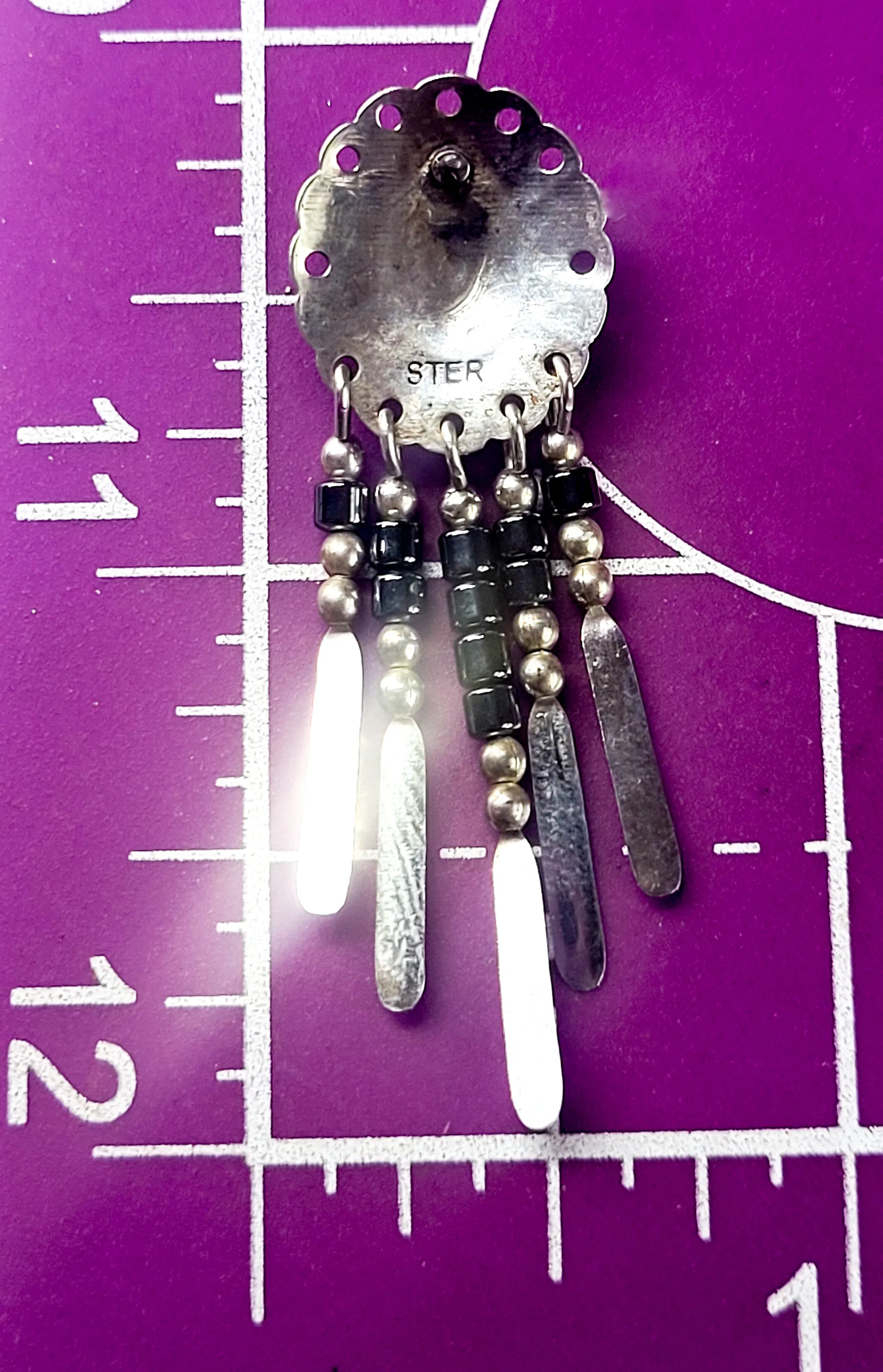 Hematite Concho Stamped tassel vintage Southwestern sterling silver earrings