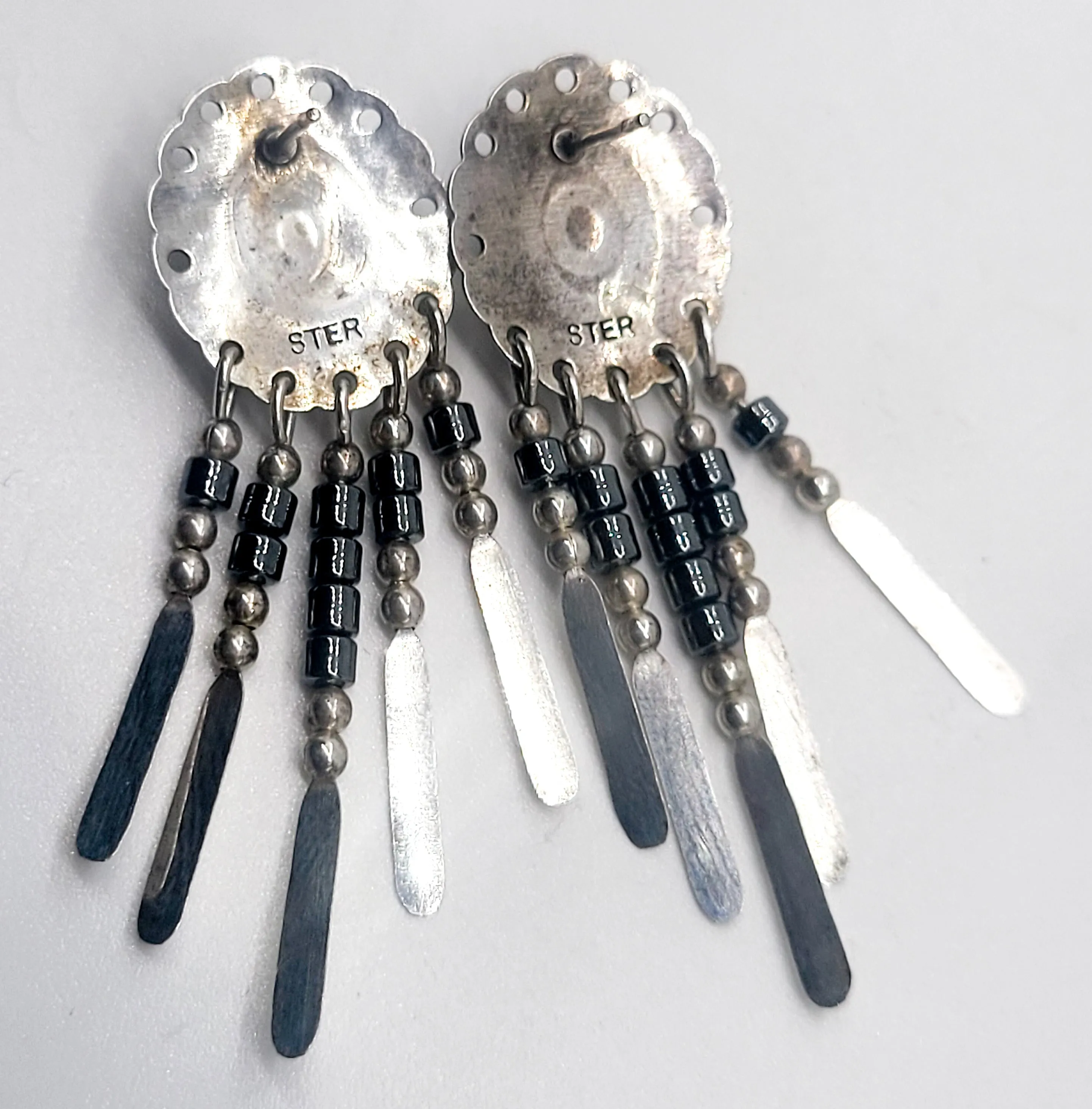 Hematite Concho Stamped tassel vintage Southwestern sterling silver earrings