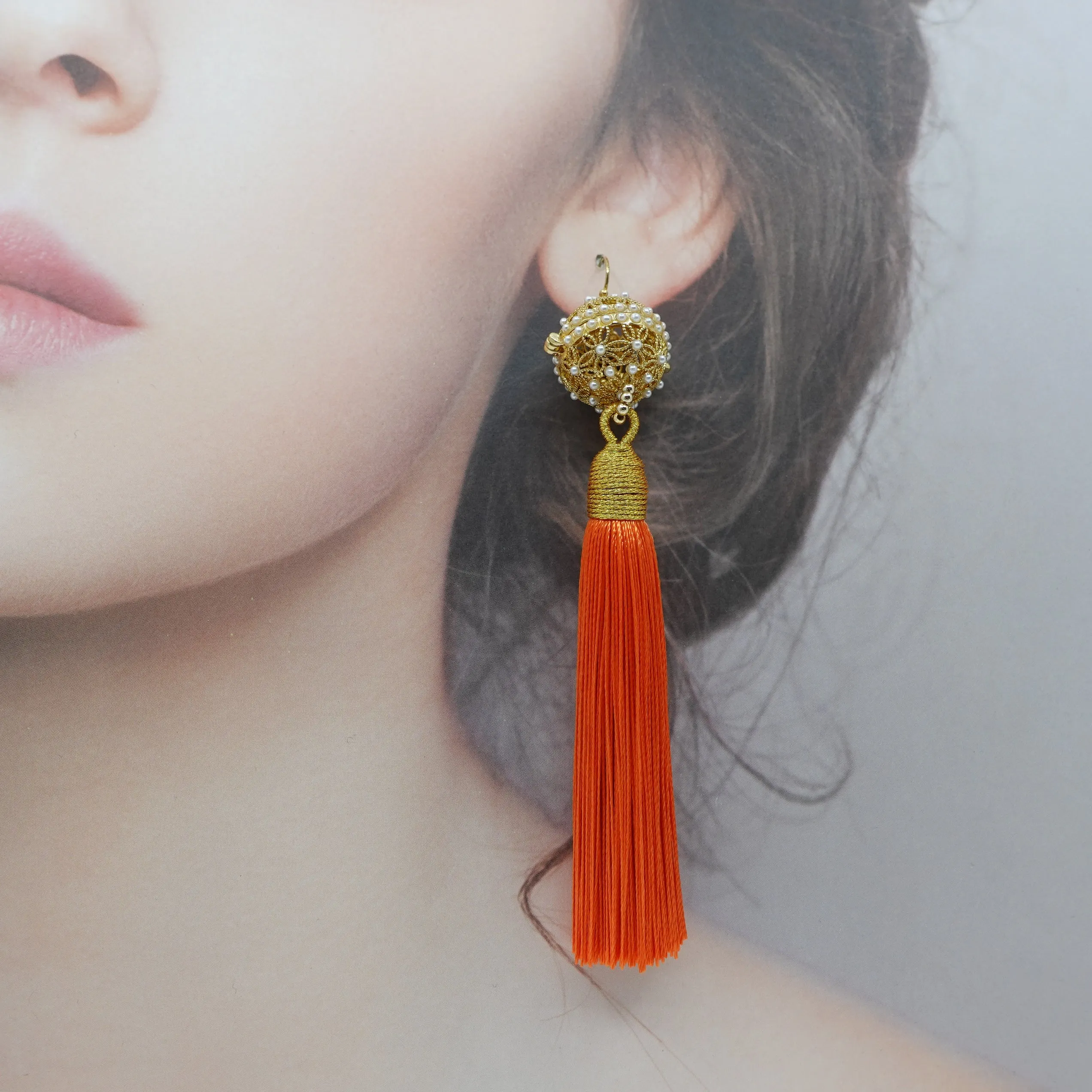 Herbal Locket Silk Tassel Earrings - Orange