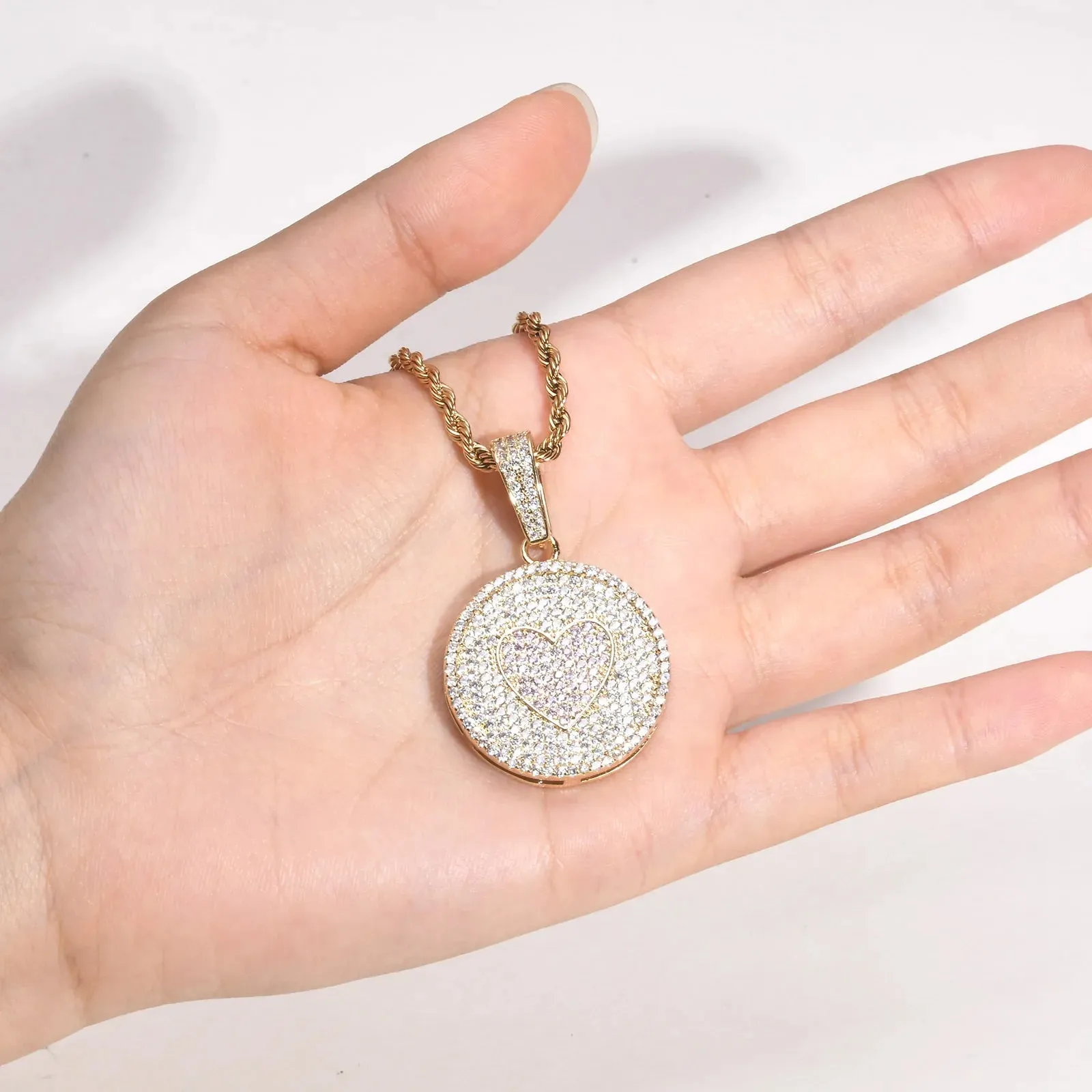 Hiphop Round Love Necklaces for Men Boys,Shiny Full Inlay Rhinestones CZ Stones Pendant