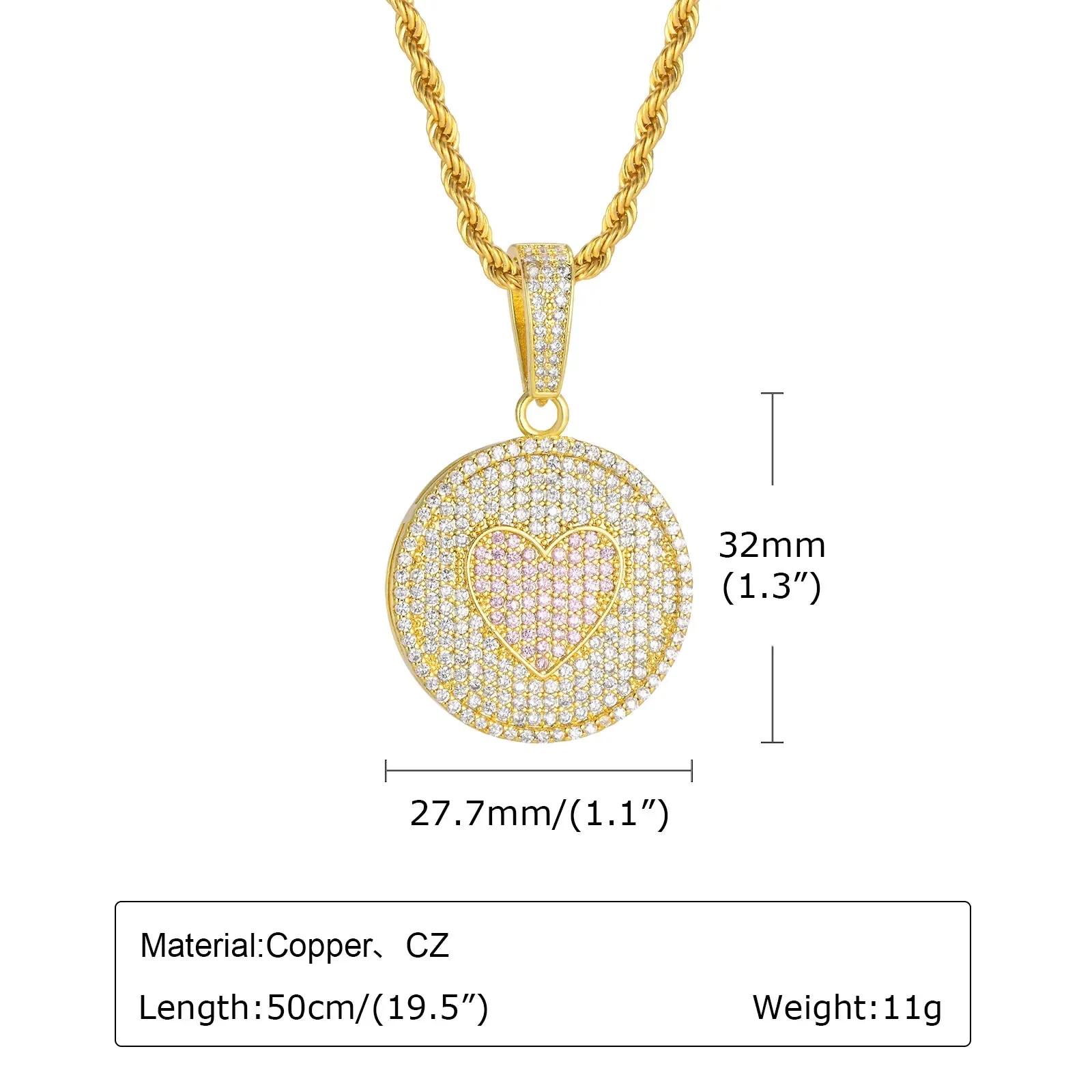 Hiphop Round Love Necklaces for Men Boys,Shiny Full Inlay Rhinestones CZ Stones Pendant