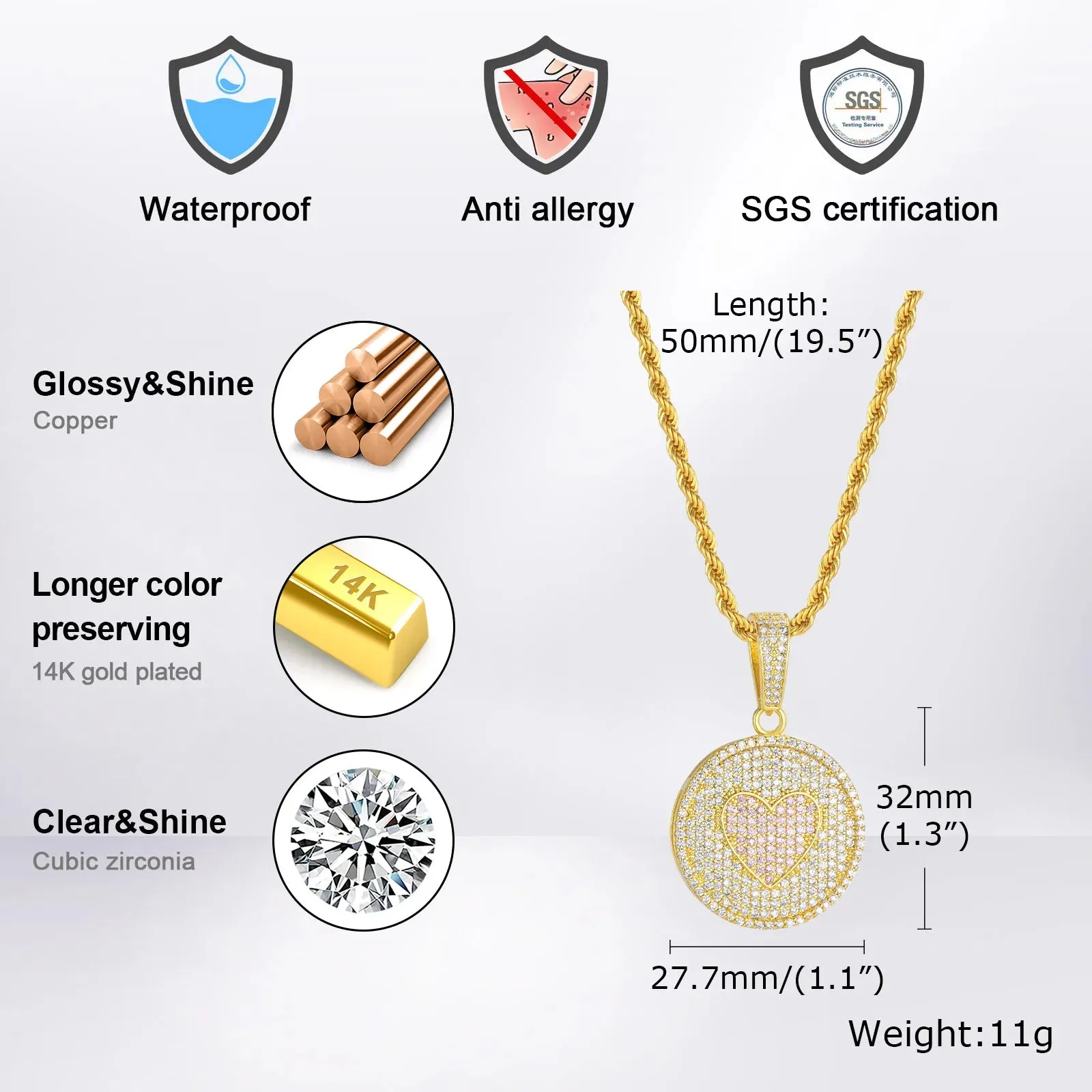 Hiphop Round Love Necklaces for Men Boys,Shiny Full Inlay Rhinestones CZ Stones Pendant