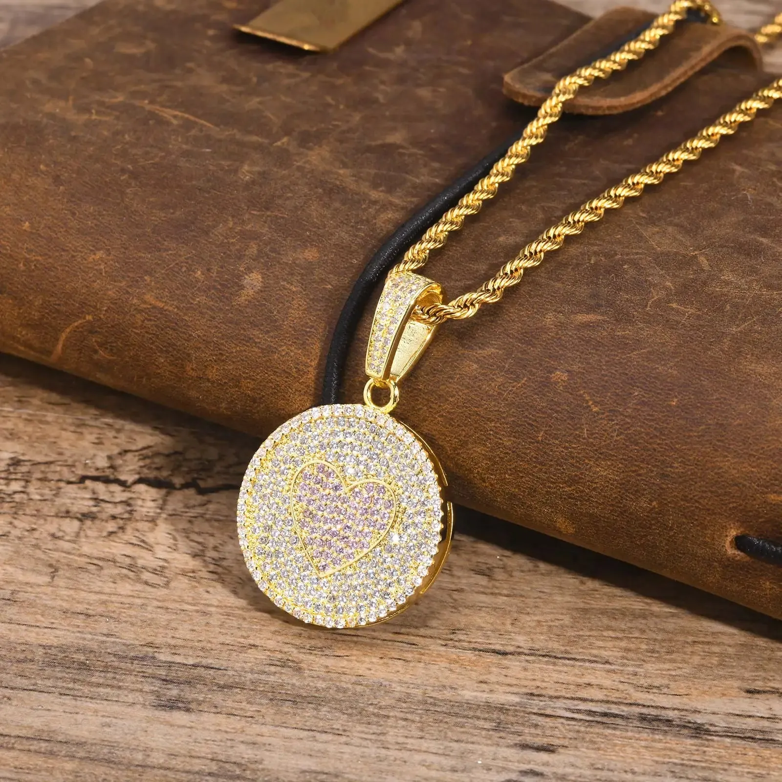 Hiphop Round Love Necklaces for Men Boys,Shiny Full Inlay Rhinestones CZ Stones Pendant