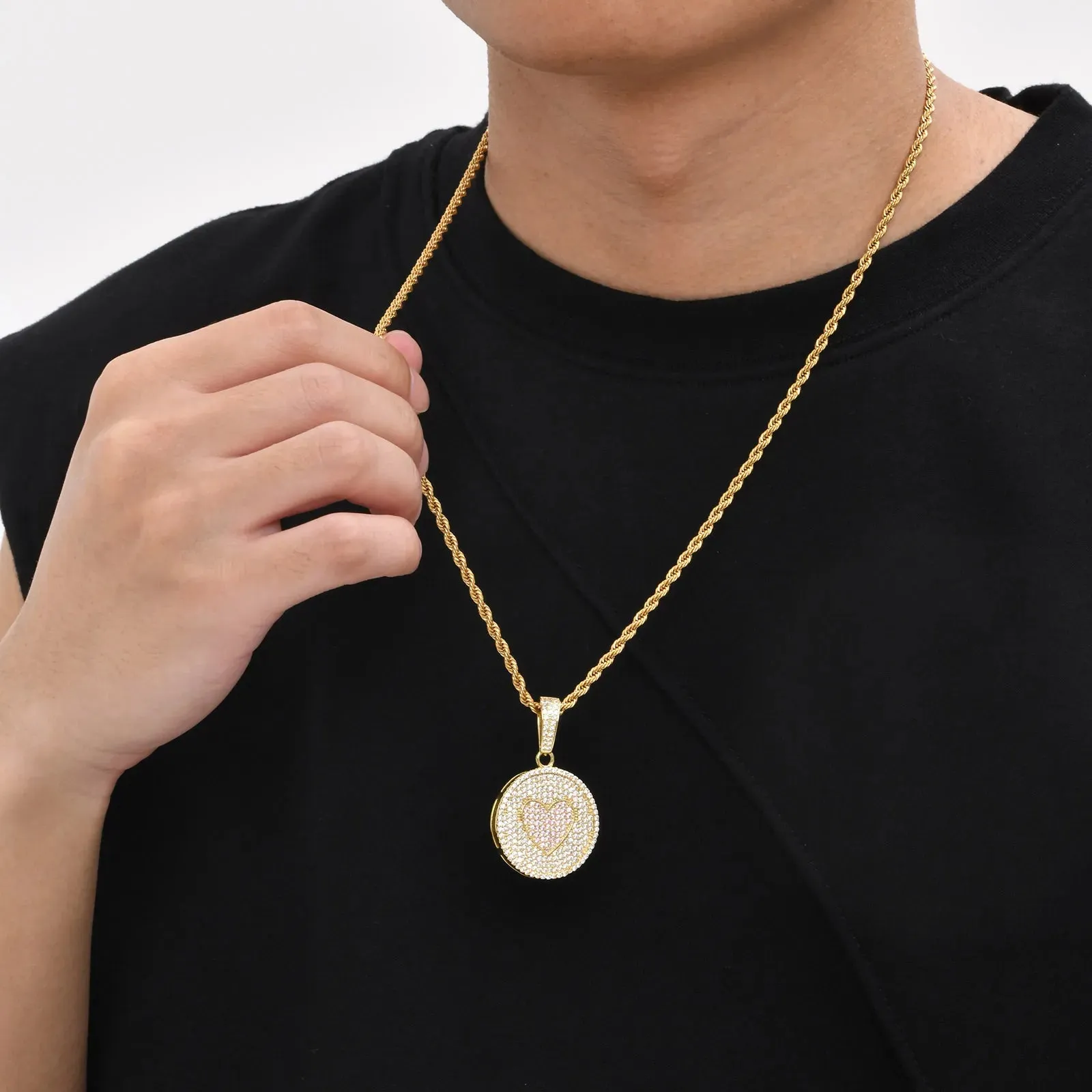 Hiphop Round Love Necklaces for Men Boys,Shiny Full Inlay Rhinestones CZ Stones Pendant