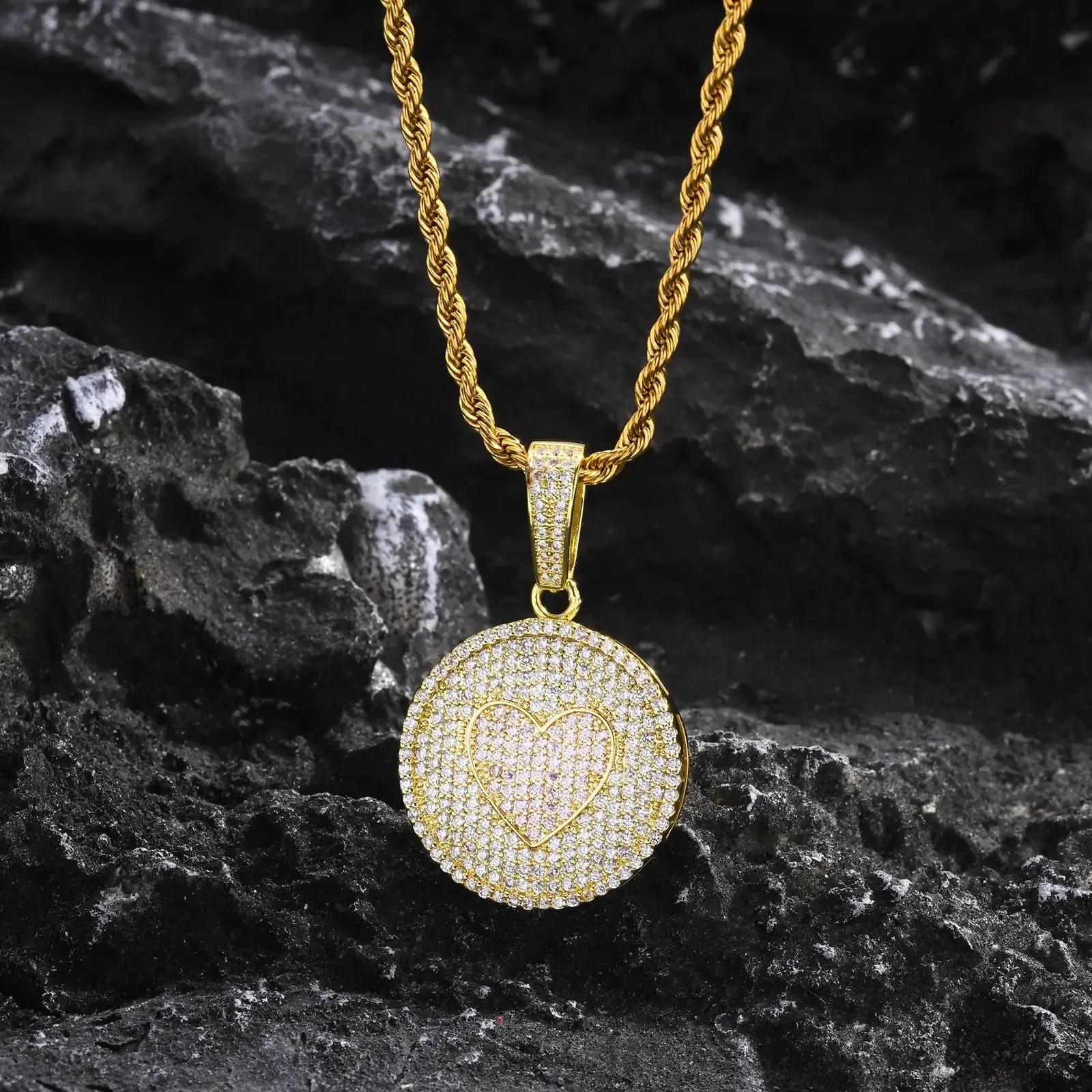 Hiphop Round Love Necklaces for Men Boys,Shiny Full Inlay Rhinestones CZ Stones Pendant