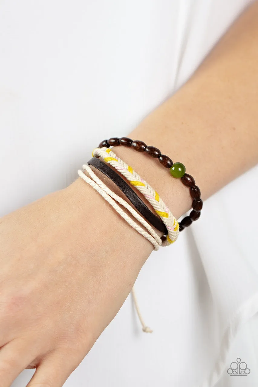 Hipster Hideaway - Green - Glassy and Wooden Bead Braided Cord Paparazzi Pull-Cord Bracelet