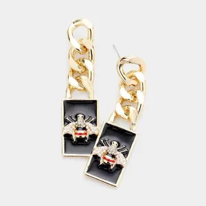 Honey Bee Metal Chain Pearl Rectangle Dangle Earrings