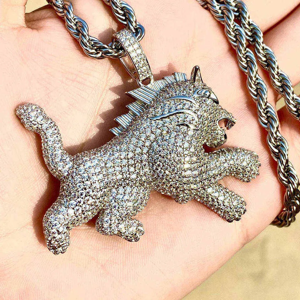 Iced Out Cubic Zircon Bling Animal Mens Lion Pendant Necklace Women Hiphop Rock Jewelry Cz Necklaces